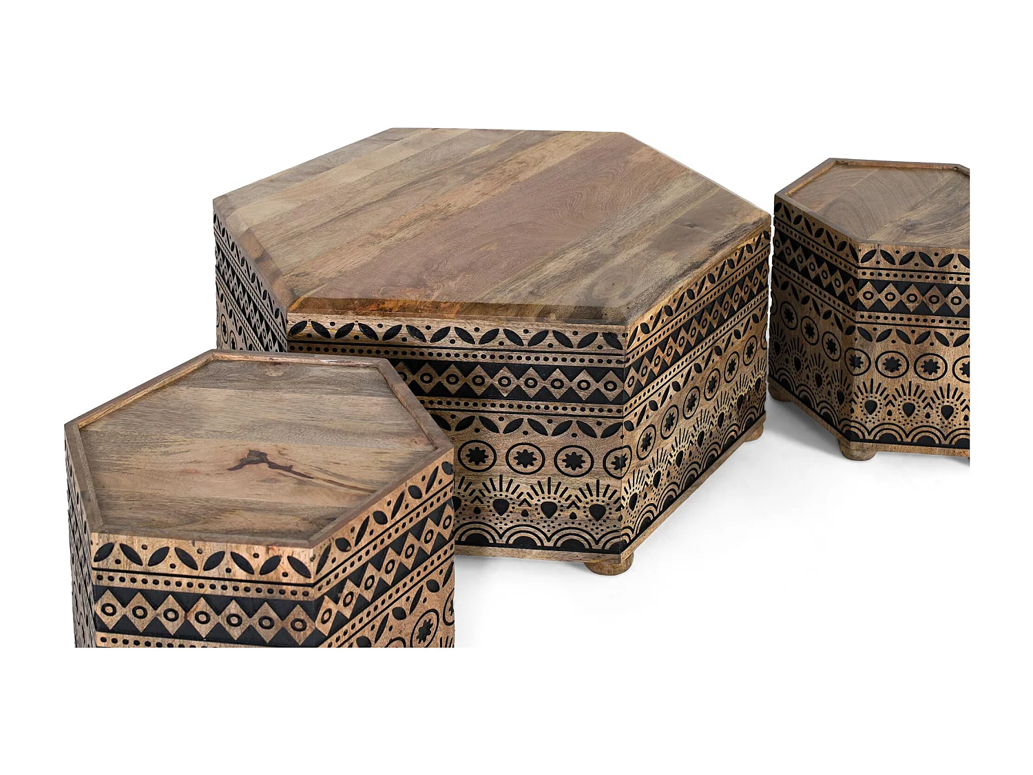 Lot de table basse et 2 tabourets hexagonaux et géométriques