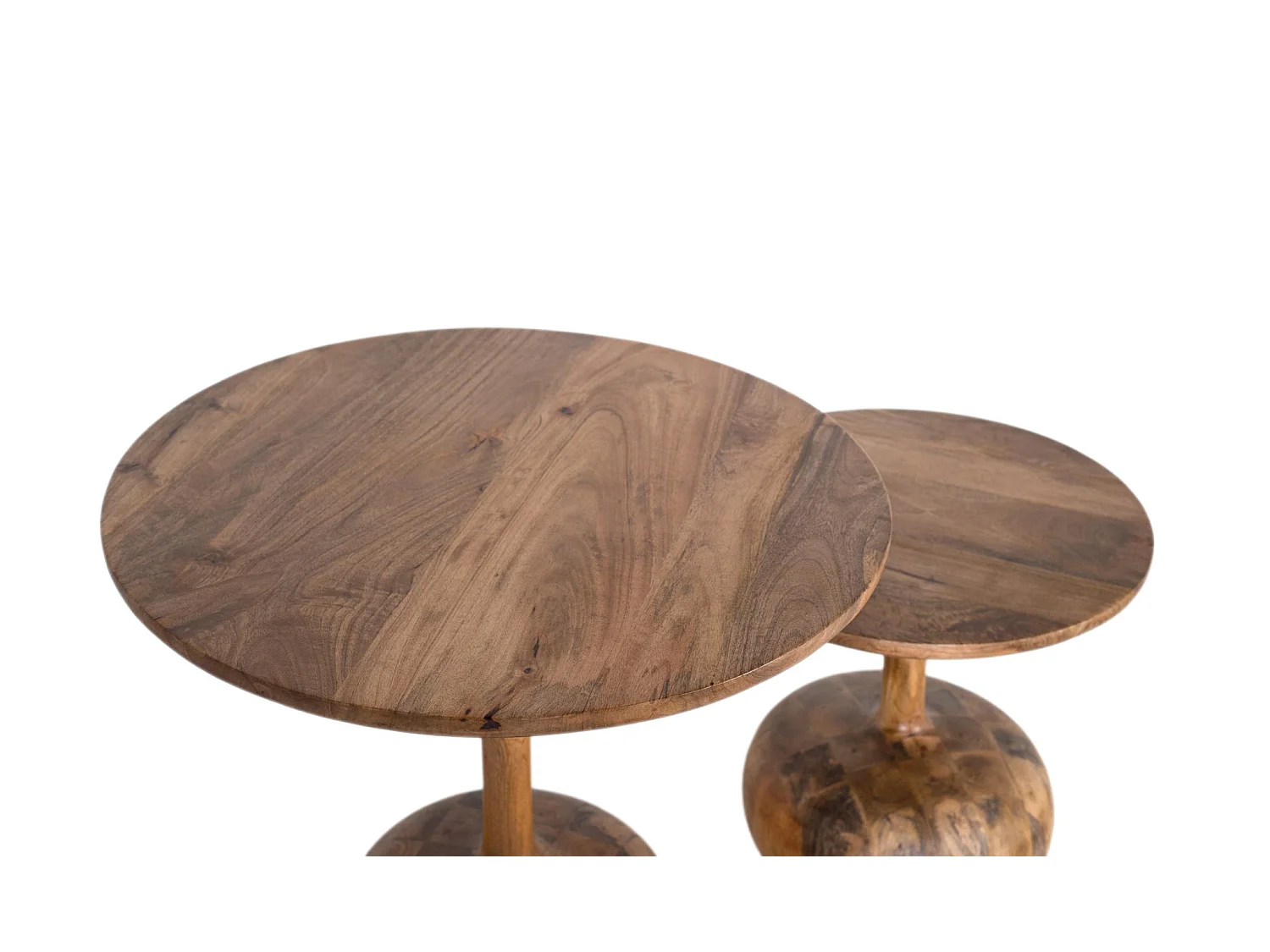 Tables basses Mindi en bois, grande (70 cm) et petite (50 cm), style rustique moderne - 60 x 70 x 70 cm