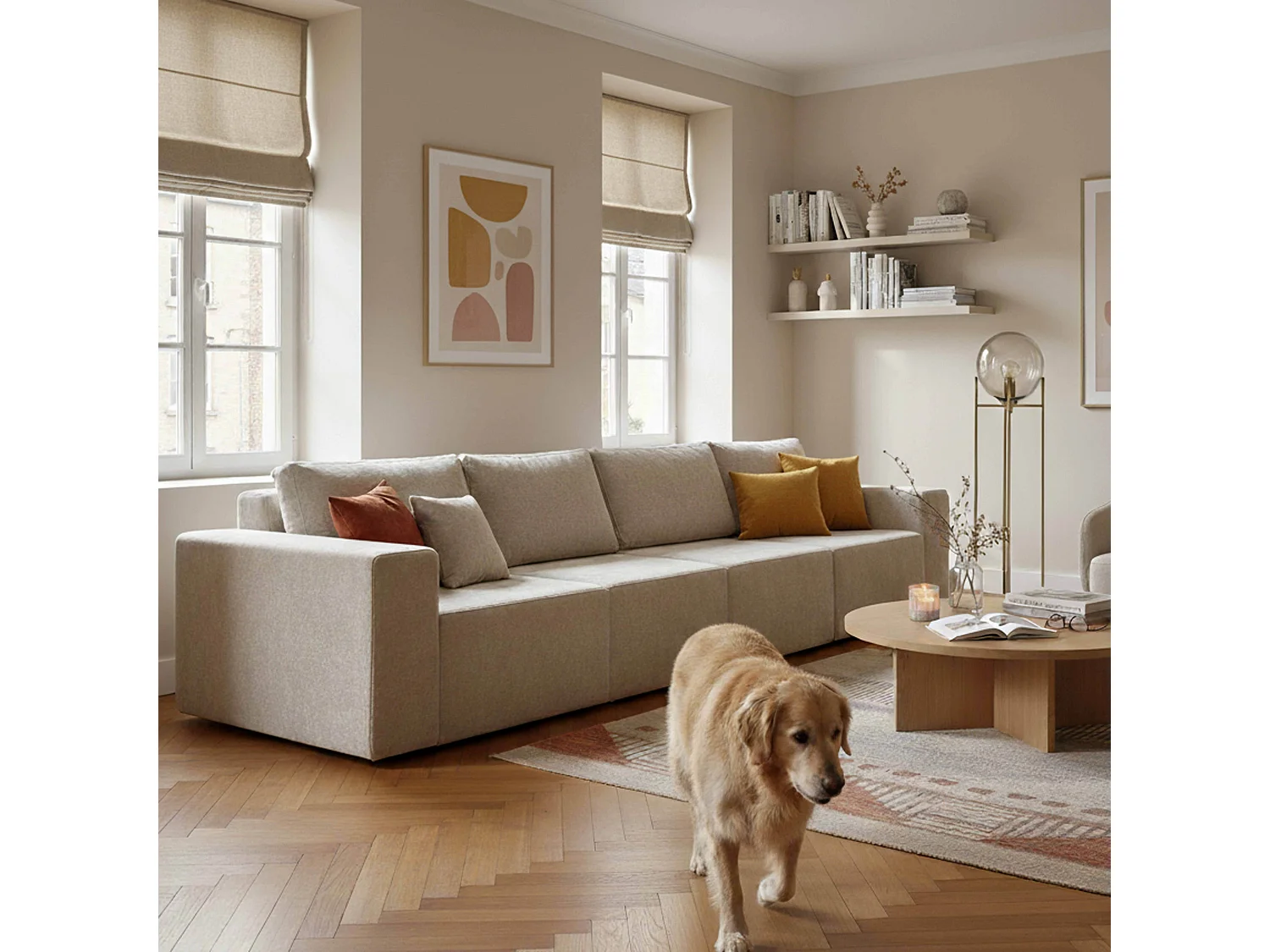 4-zits modulaire bank in stof met ecru kussens L 350 cm