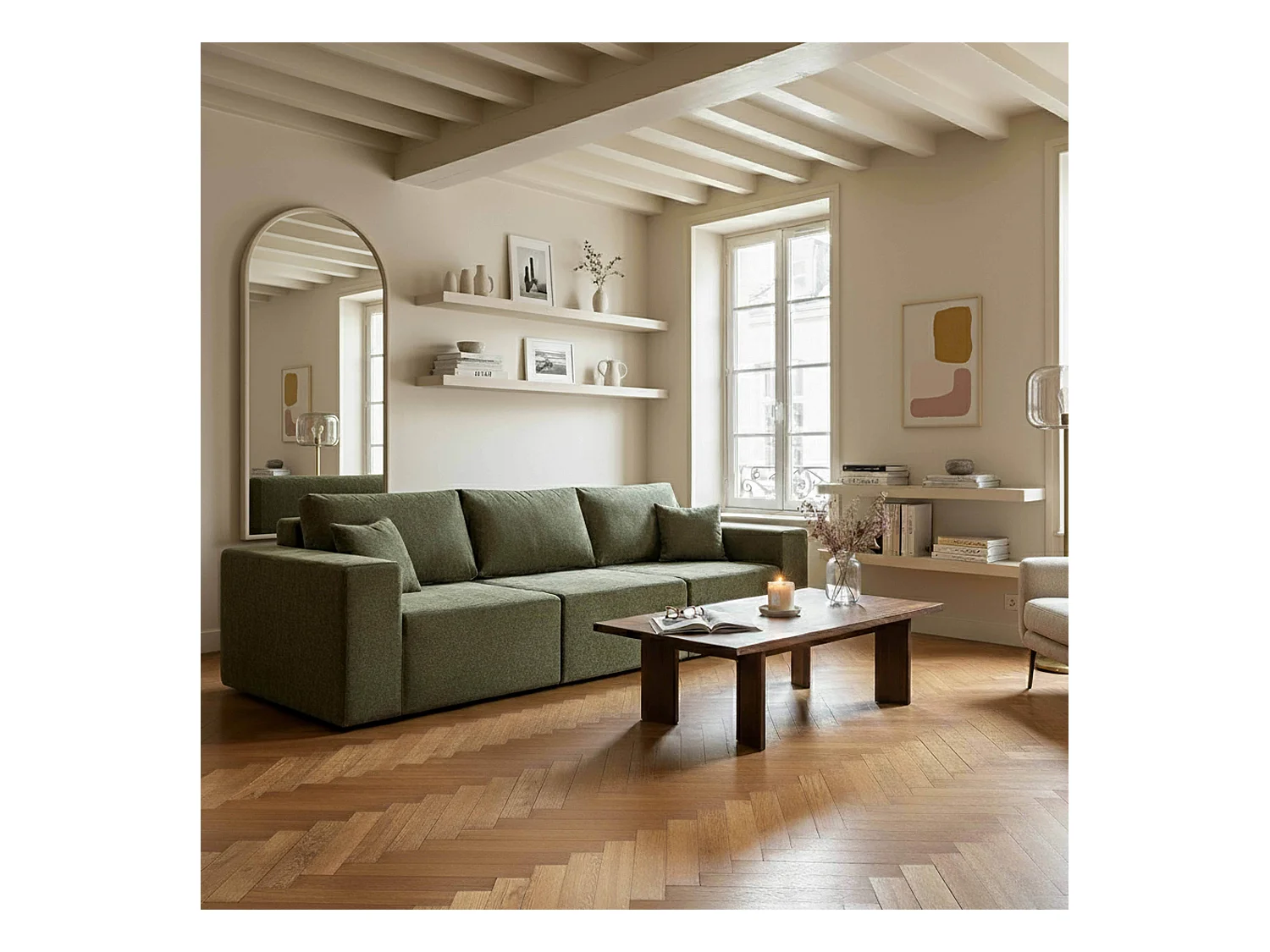 Canapé modulable 3 places en tissu avec coussins vert