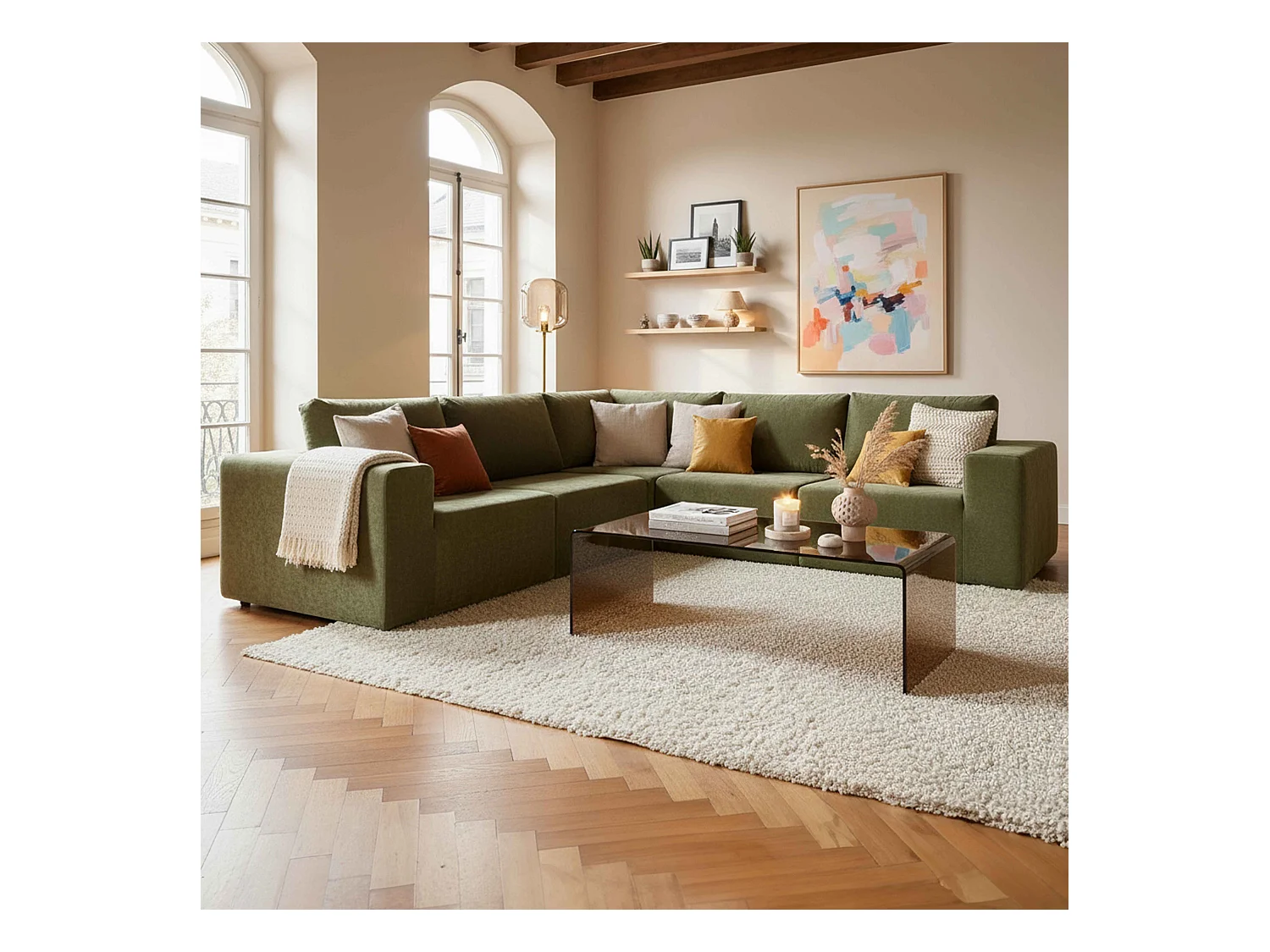 5-zits modulaire bank in stof met groene kussens
