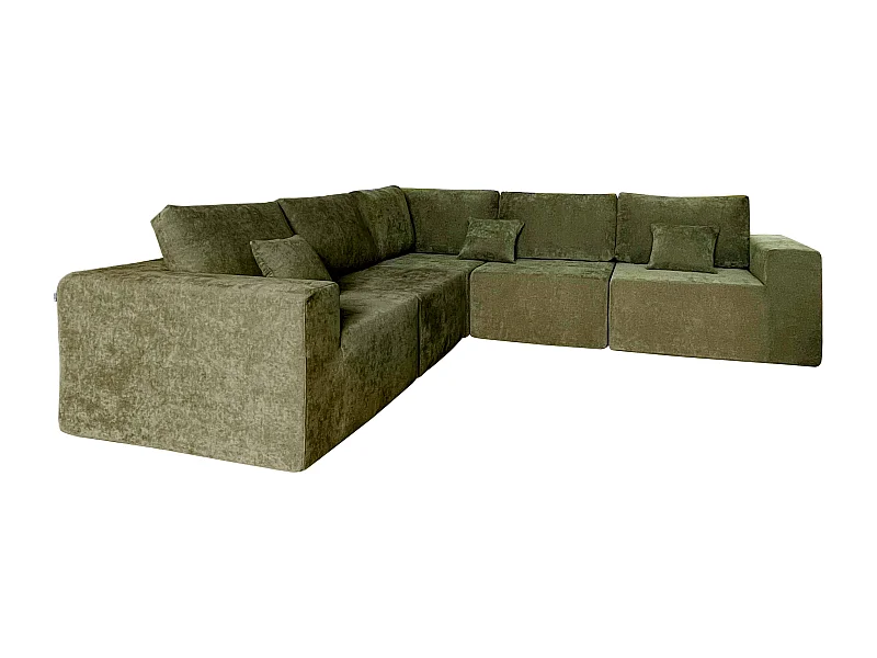 Canapé modulable d'angle 5 places en tissu avec coussins vert L 275 cm