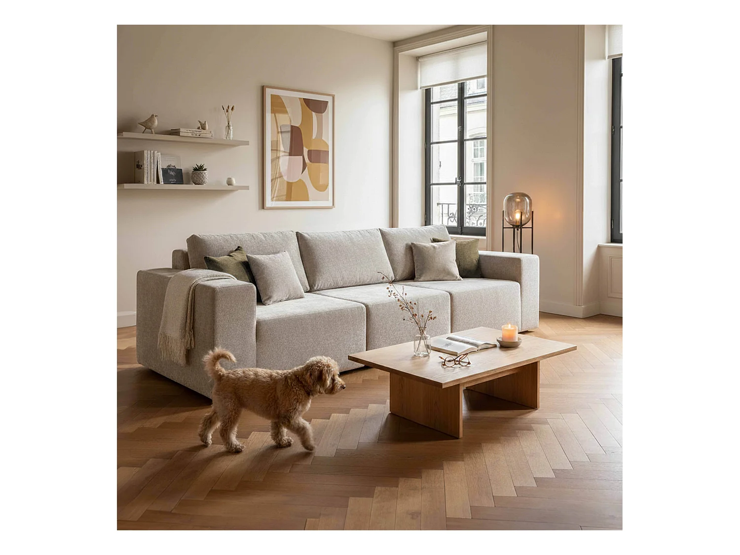 Canapé modulable 3 places en tissu avec coussins écru