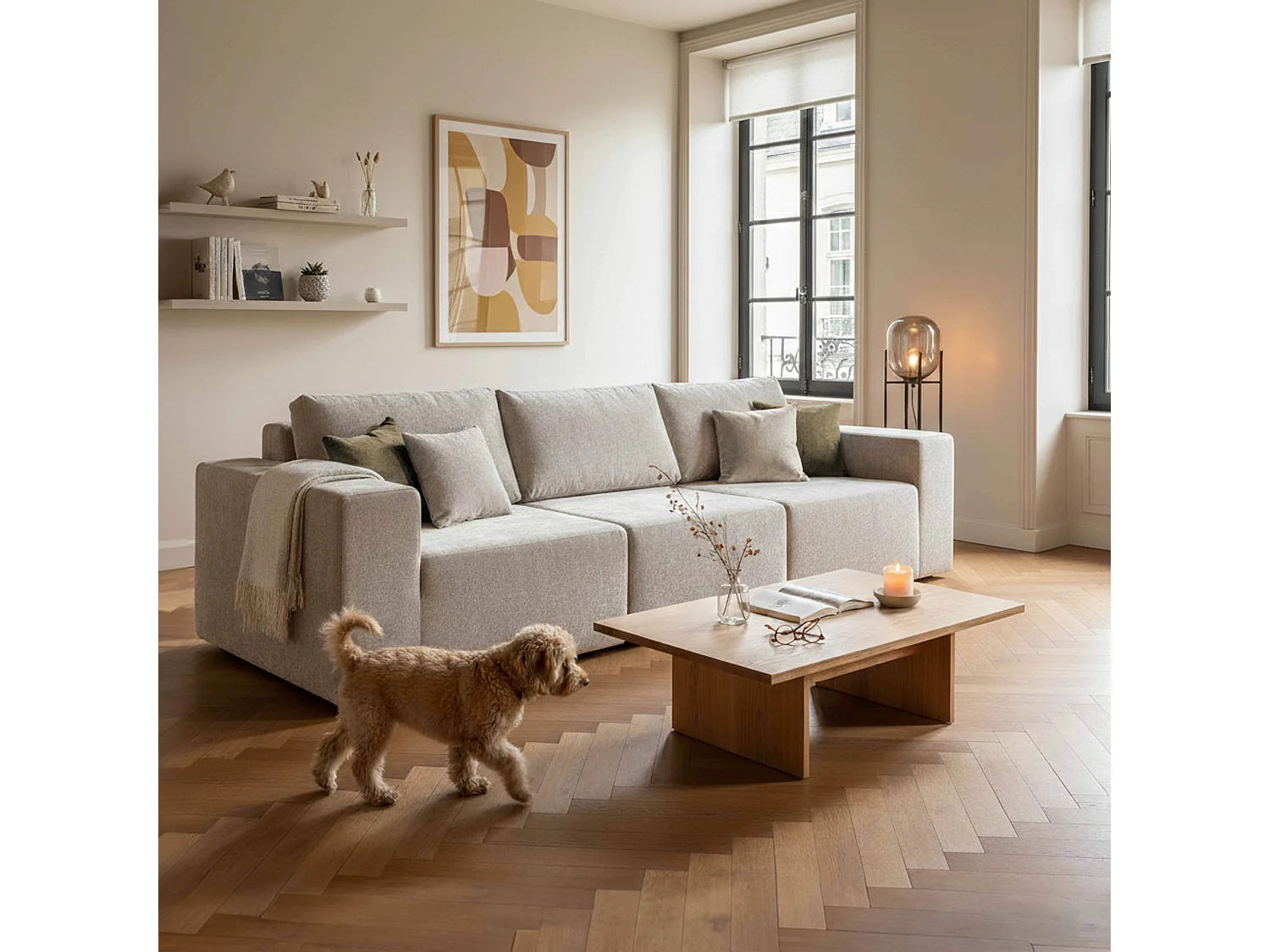 Canapé modulable 3 places en tissu avec coussins écru  L 275 cm