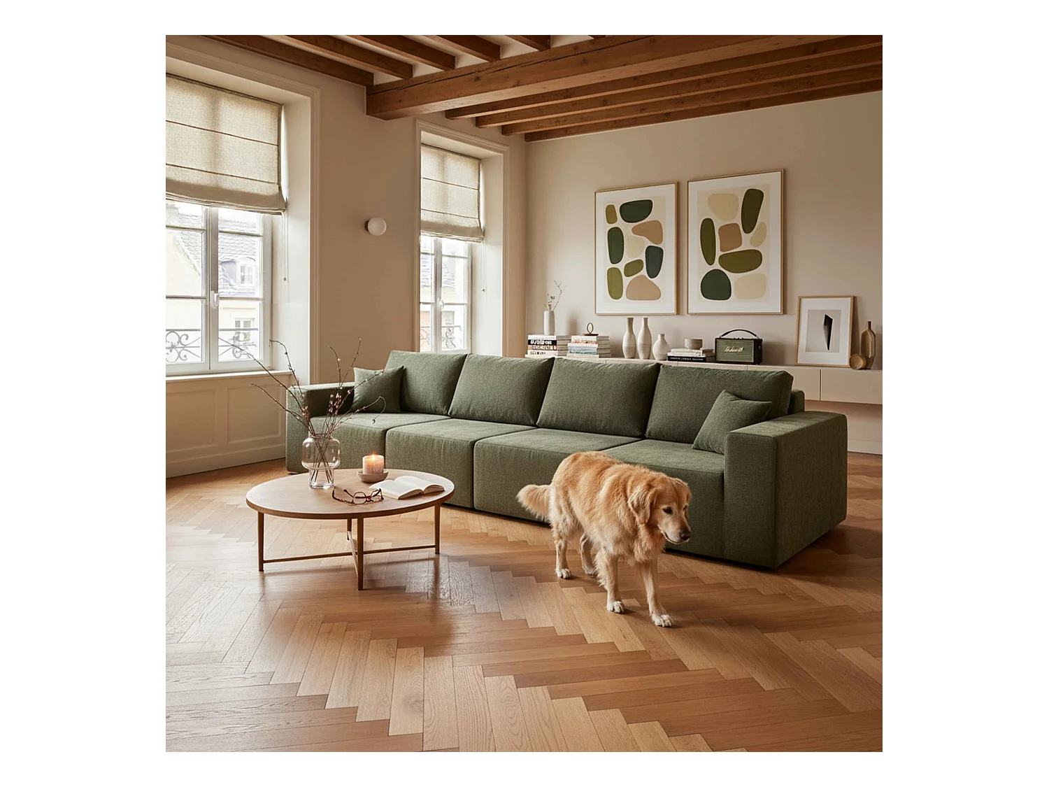 Canapé modulable 4 places en tissu avec coussins vert