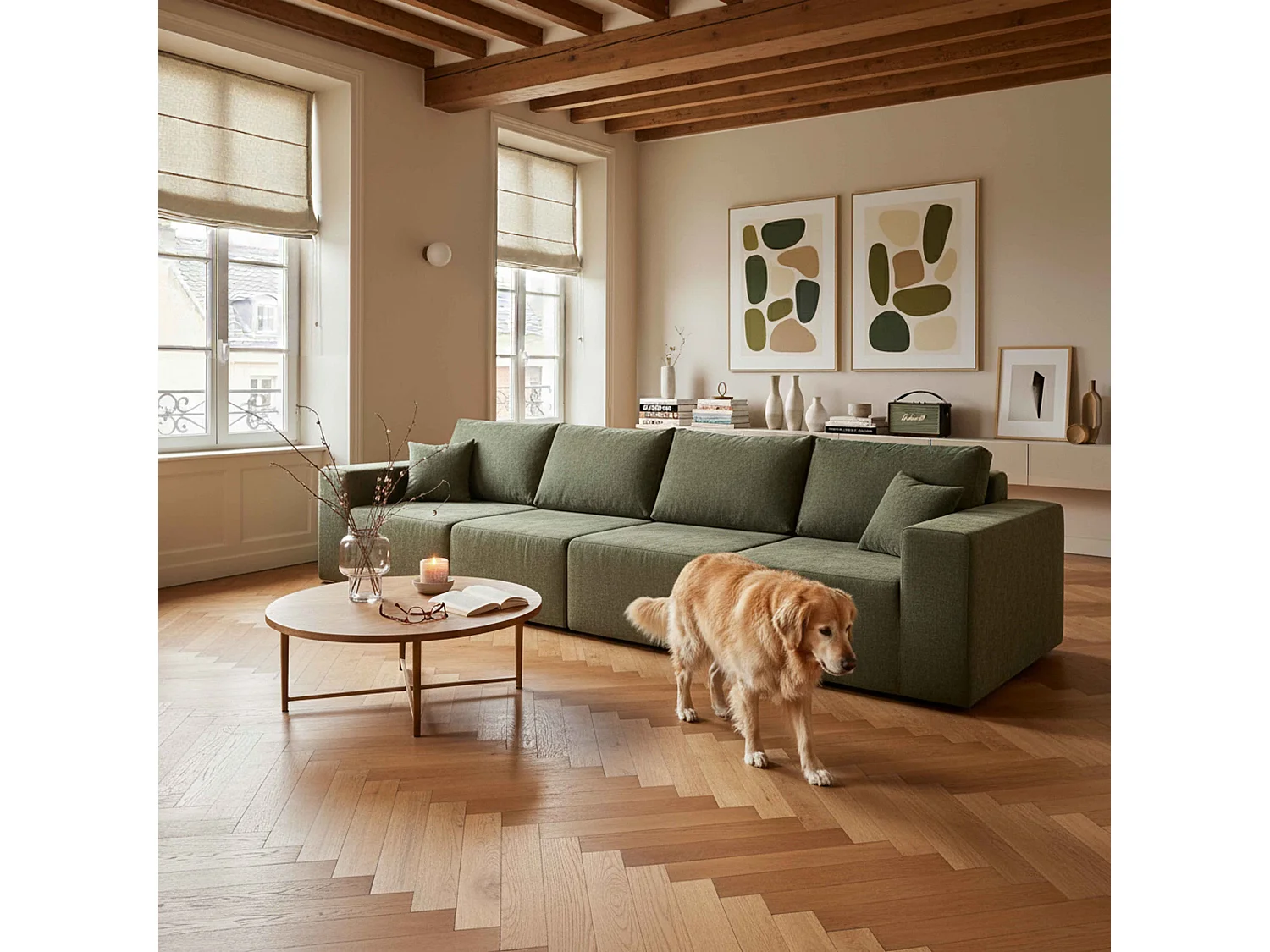 Canapé modulable 4 places en tissu avec coussins vert L 350 cm