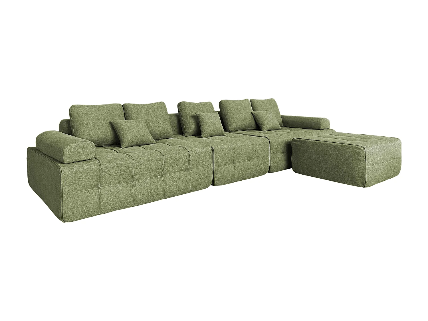 5-zits stoffen bank met ottoman en groene kussens