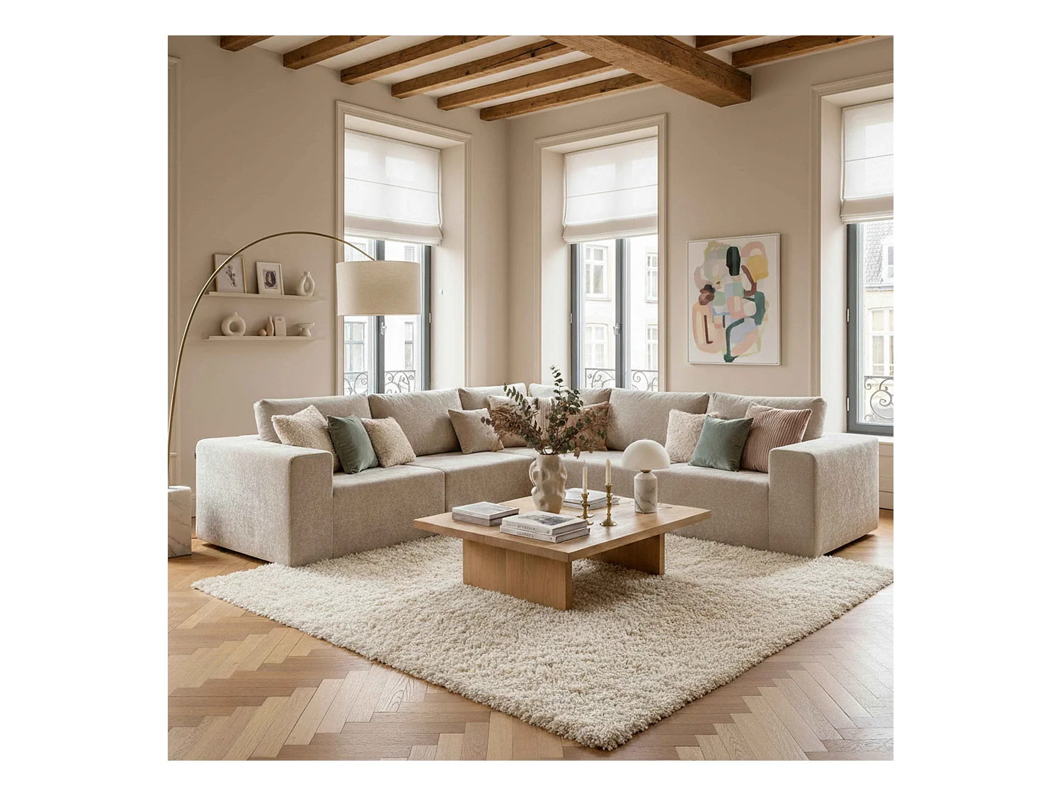 Canapé modulable d'angle 5 places en tissu avec coussins écru