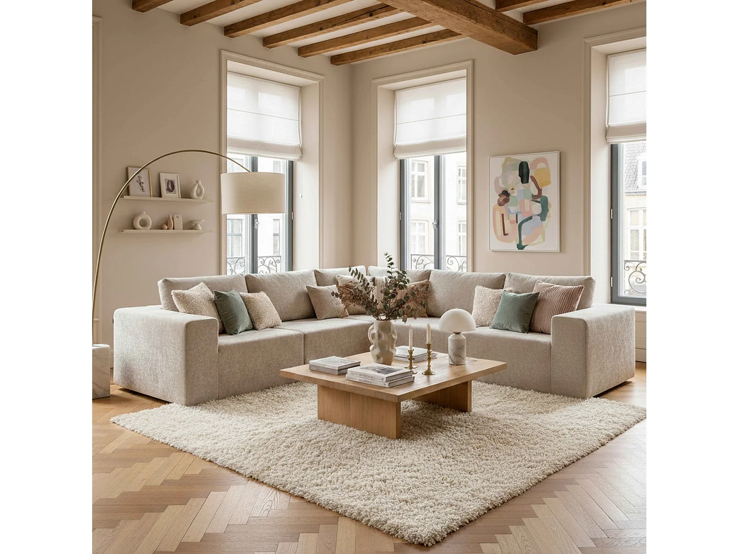 Canapé modulable d'angle 5 places en tissu avec coussins écru L 275 cm