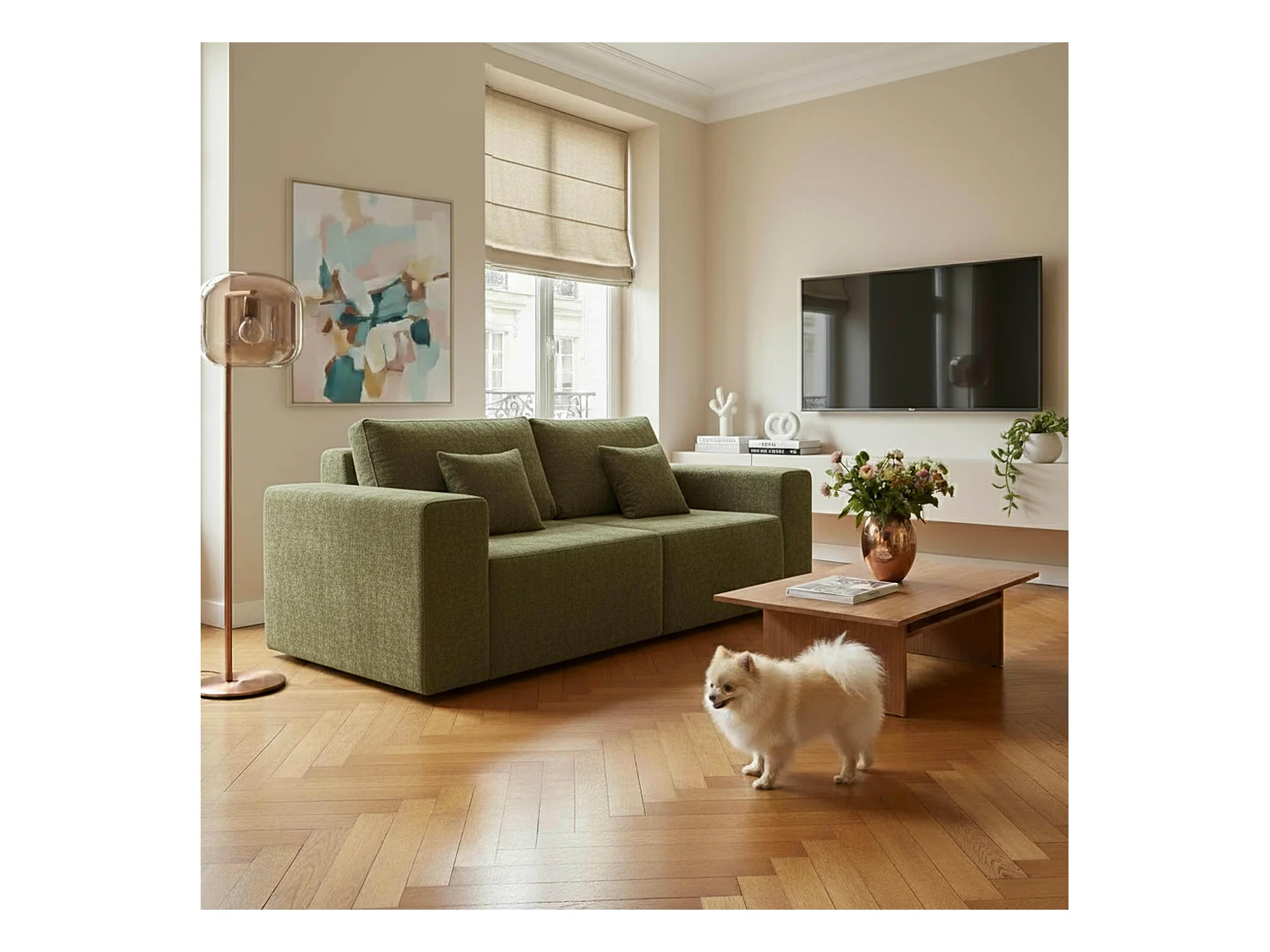 Canapé modulable 2 places en tissu avec coussins vert