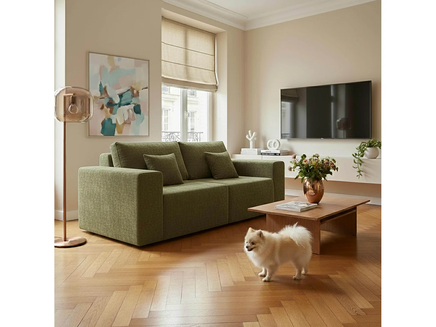 Canapé modulable 2 places en tissu avec coussins vert L 200 cm