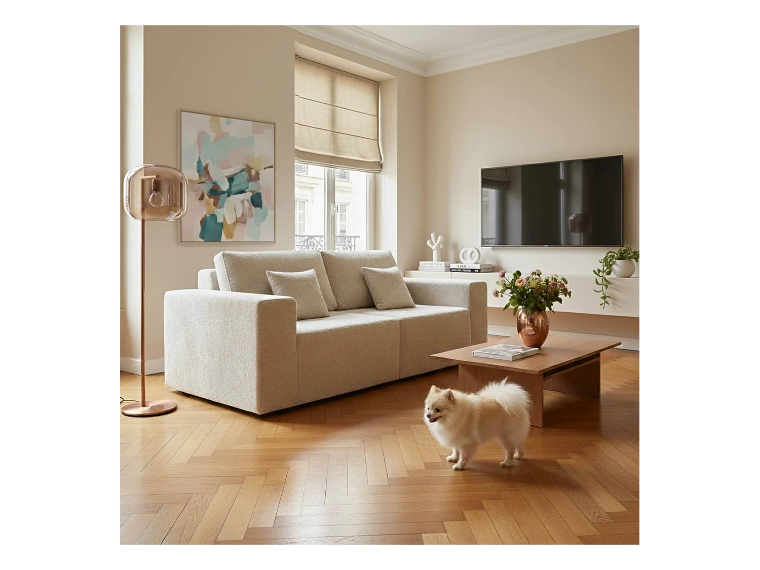 Canapé modulable 2 places en tissu avec coussins écru