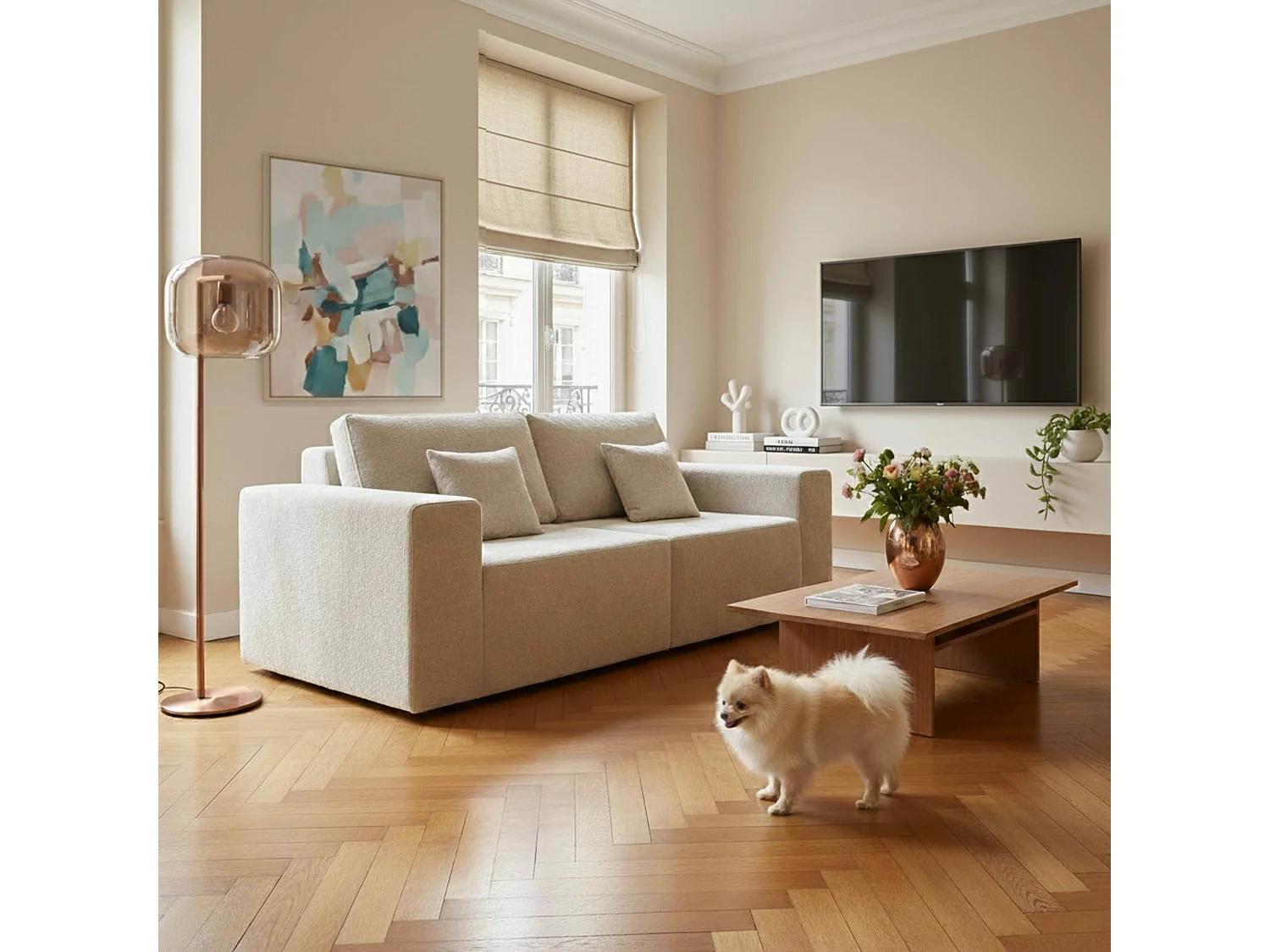 Canapé modulable 2 places en tissu avec coussins écru  L 200 cm