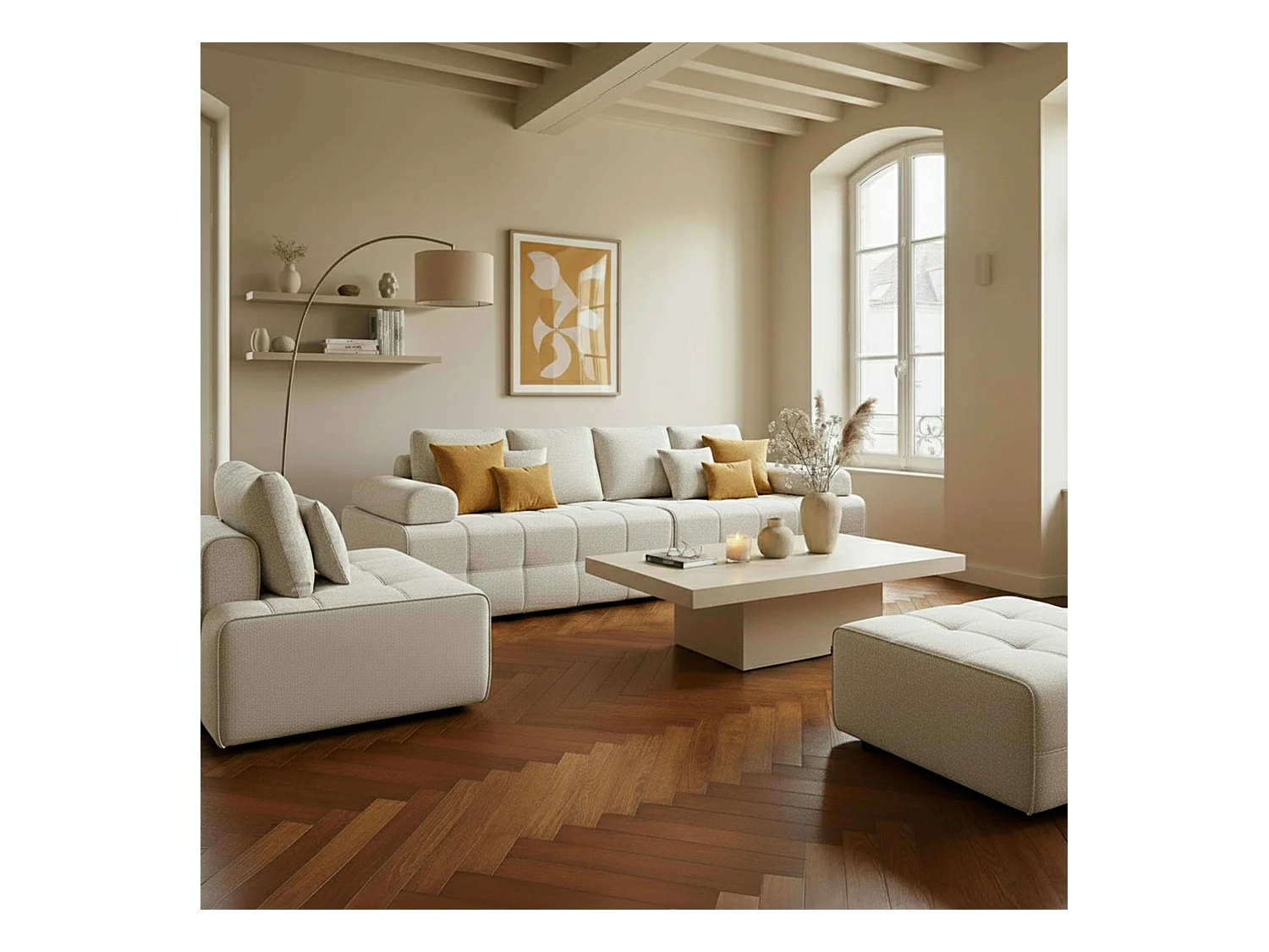 Canapé modulable 5 places en tissu avec pouf écru