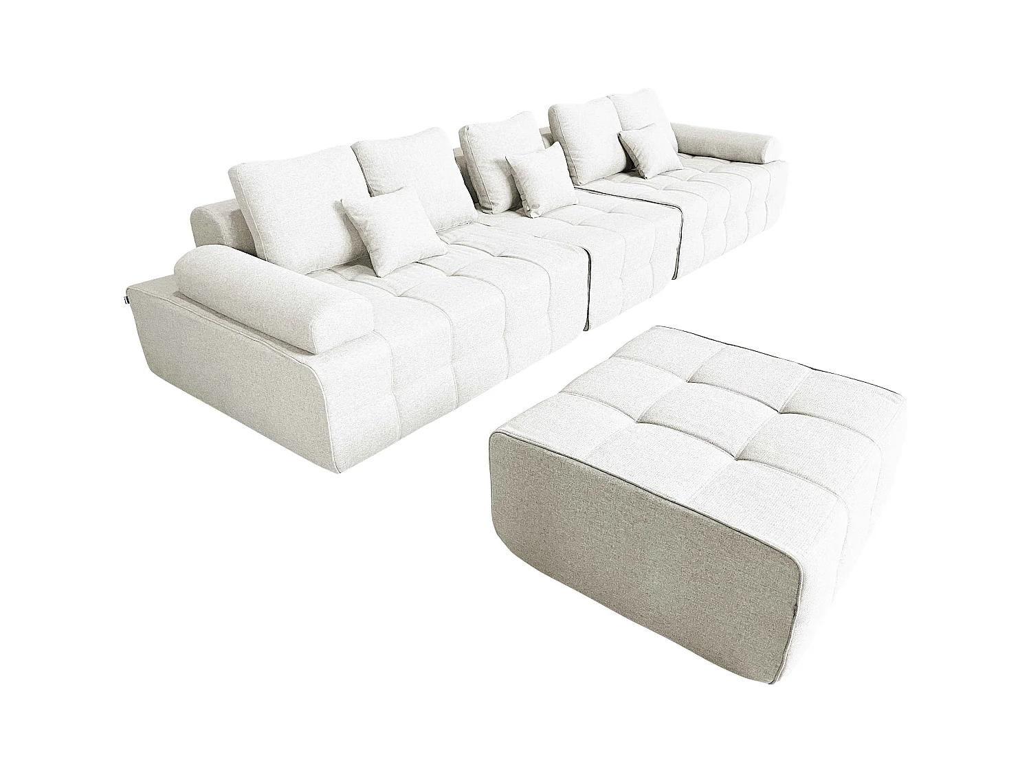 Canapé modulable 5 places en tissu avec pouf écru
