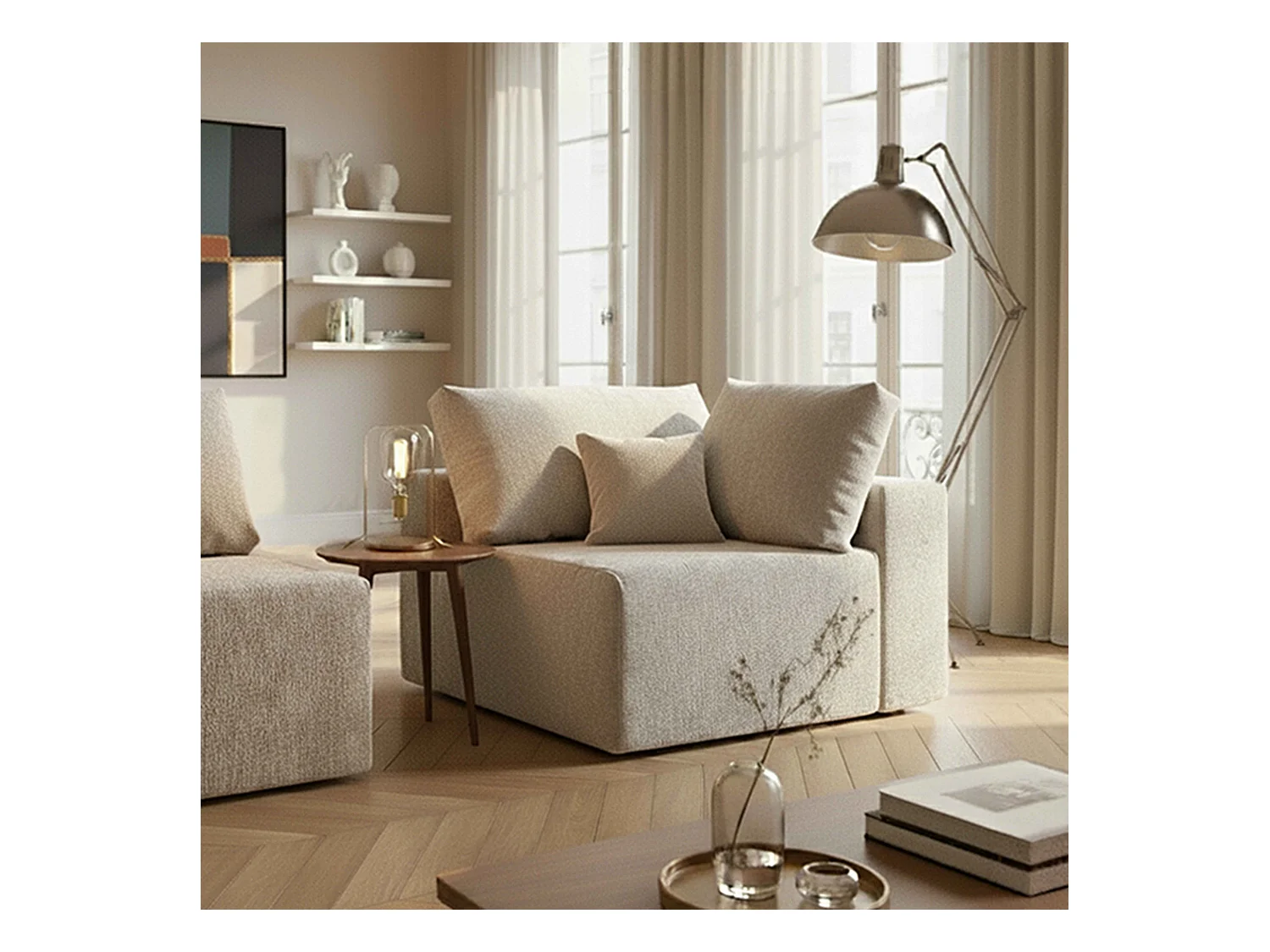 Fauteuil d'angle pour canapé modulable en tissu ecru