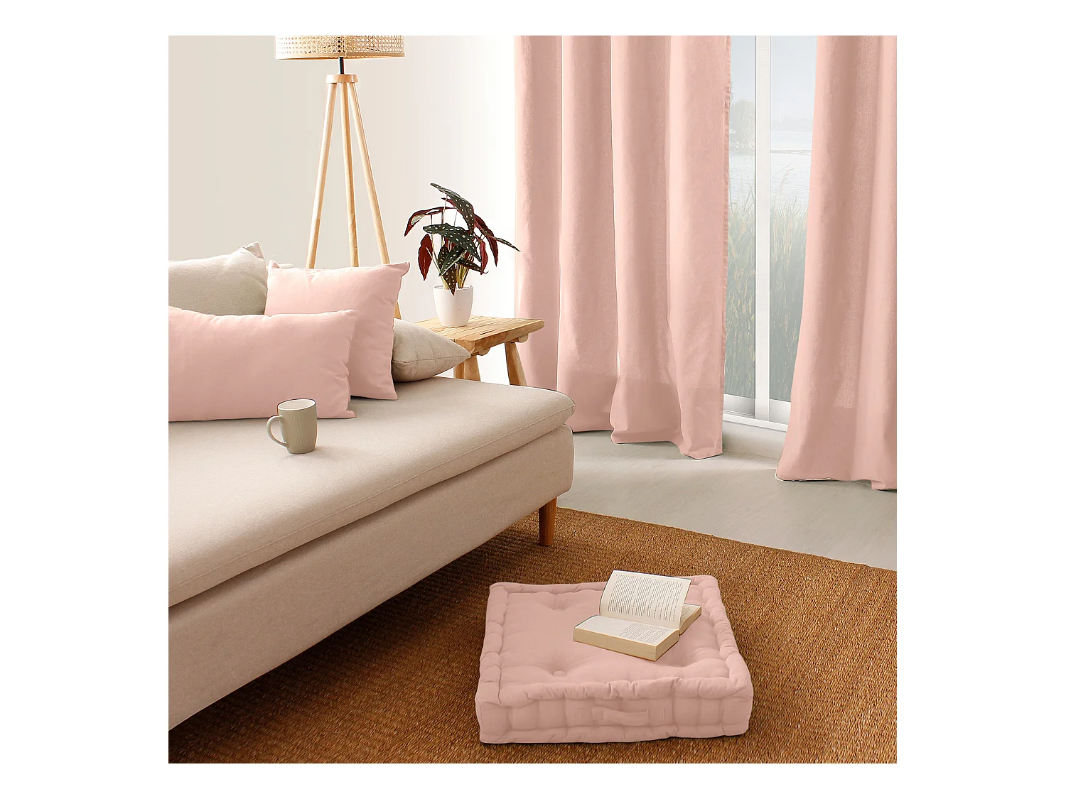 Coussin Déco Uni Déhoussable "Panama" 60x60cm Vieux Rose