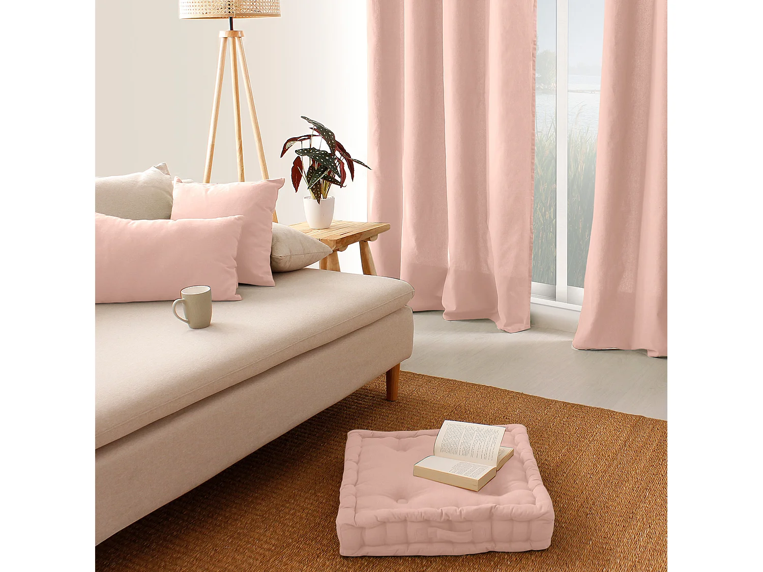 Coussin Déco Uni Déhoussable "Panama" 60x60cm Vieux Rose