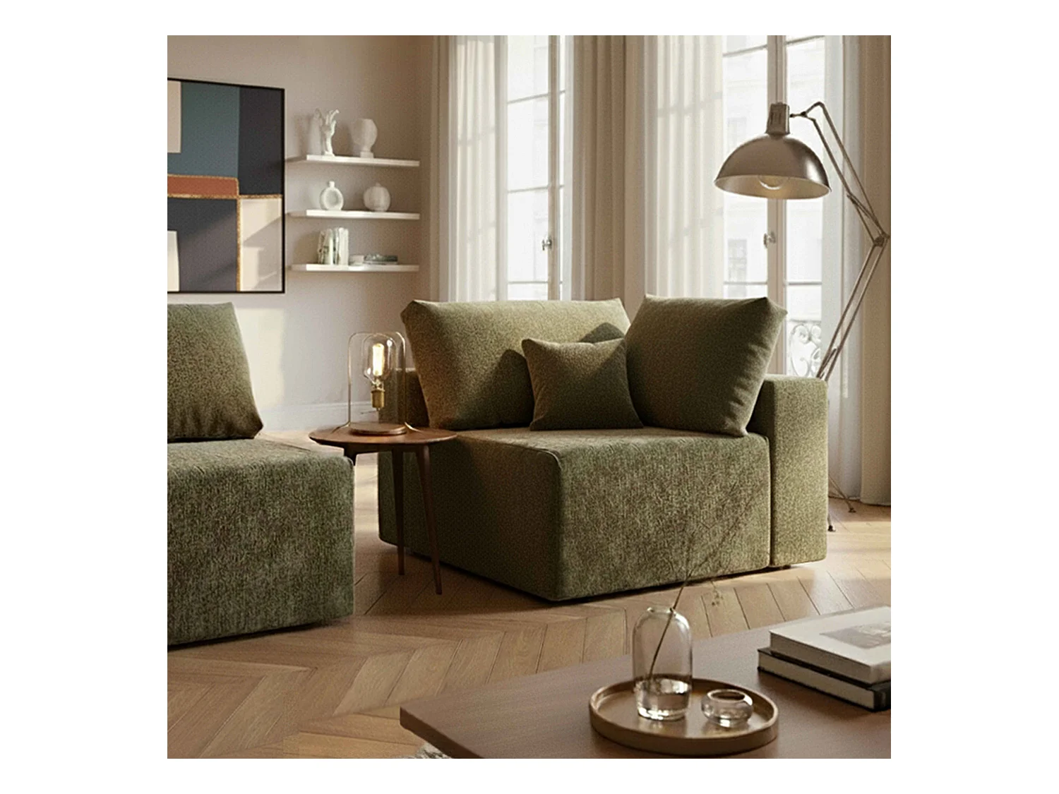 Fauteuil d'angle pour canapé modulable en tissu vert