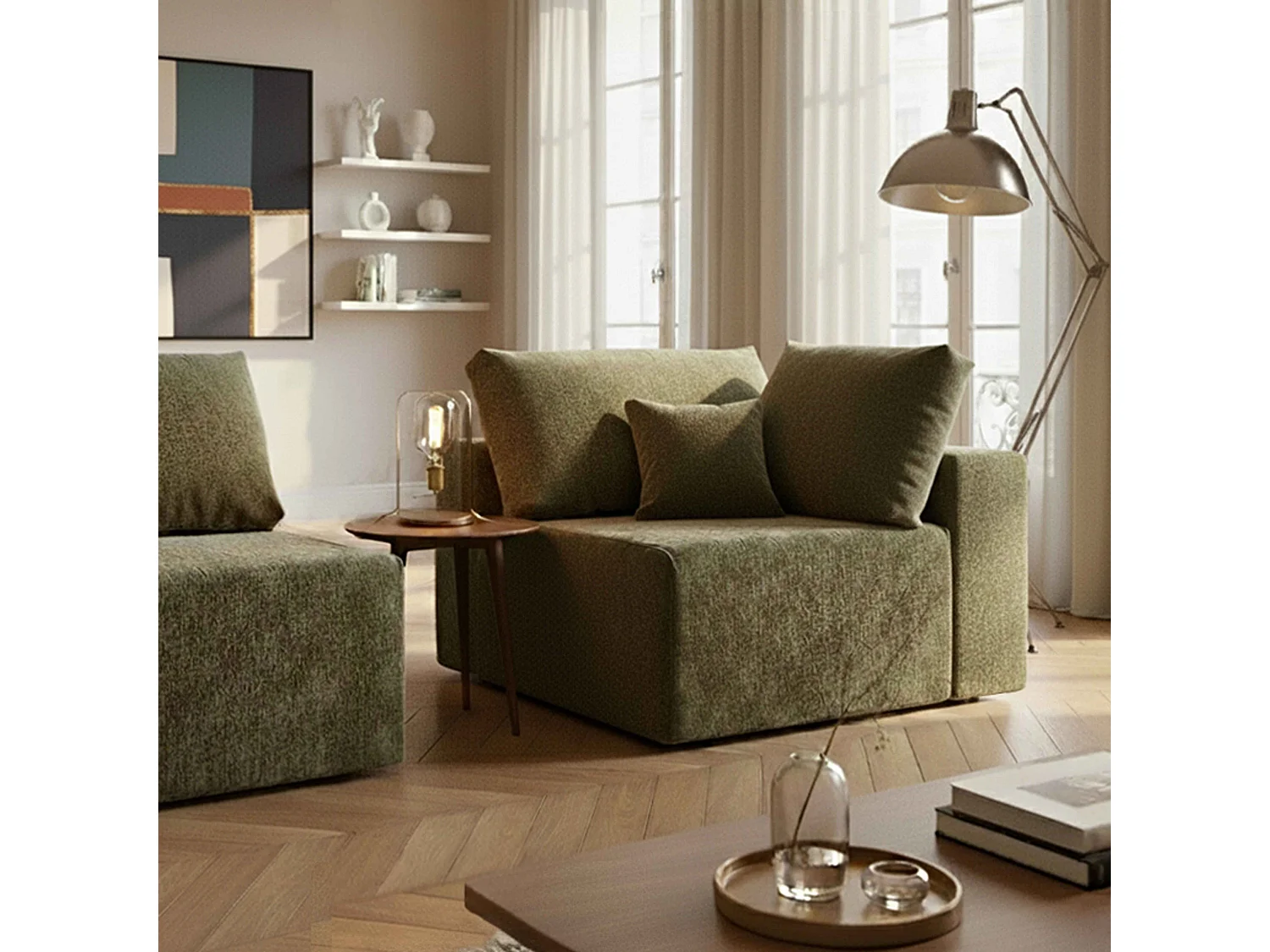 Fauteuil d'angle pour canapé modulable en tissu vert L 100 cm