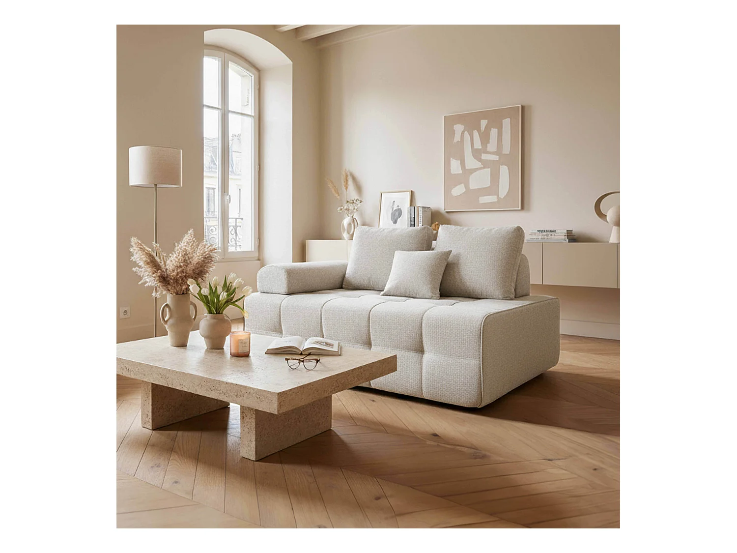 Fauteuil droit pour canapé modulable en tissu avec coussins écru