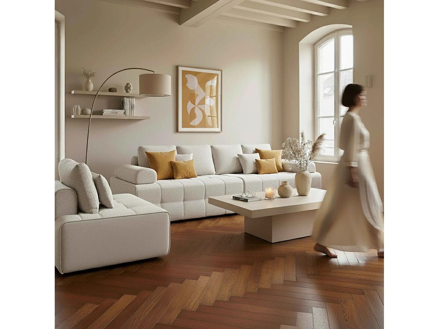 Fauteuil droit pour canapé modulable en tissu écru L 140 cm