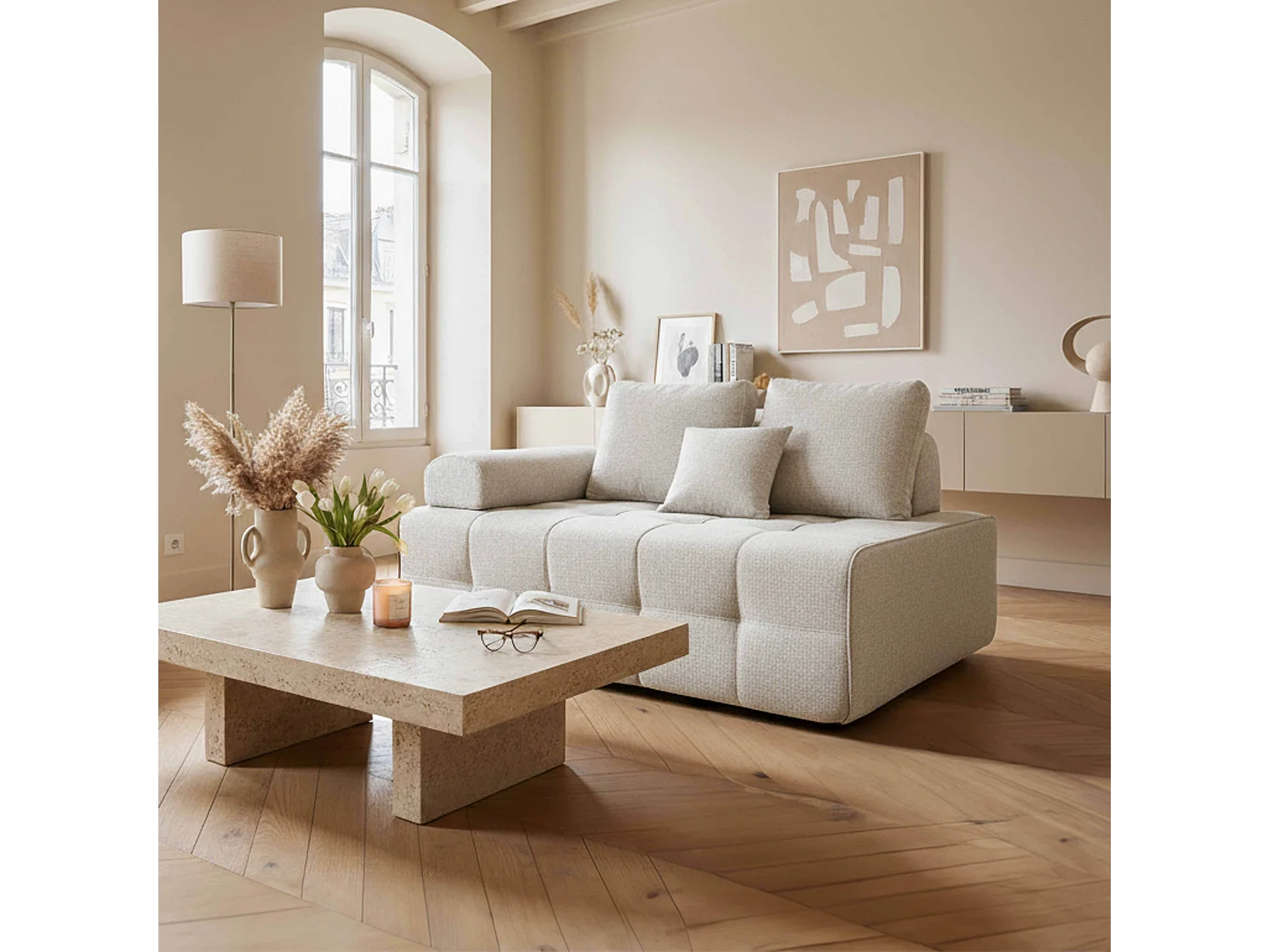 Rechterfauteuil bij modulaire stoffen bank met ecru  L 140 cm