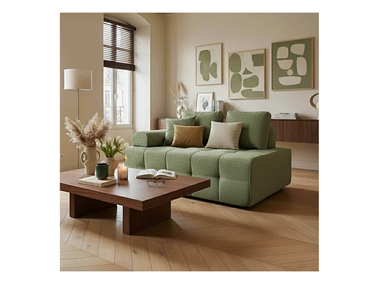 Fauteuil droit pour canapé modulable en tissu avec coussins vert