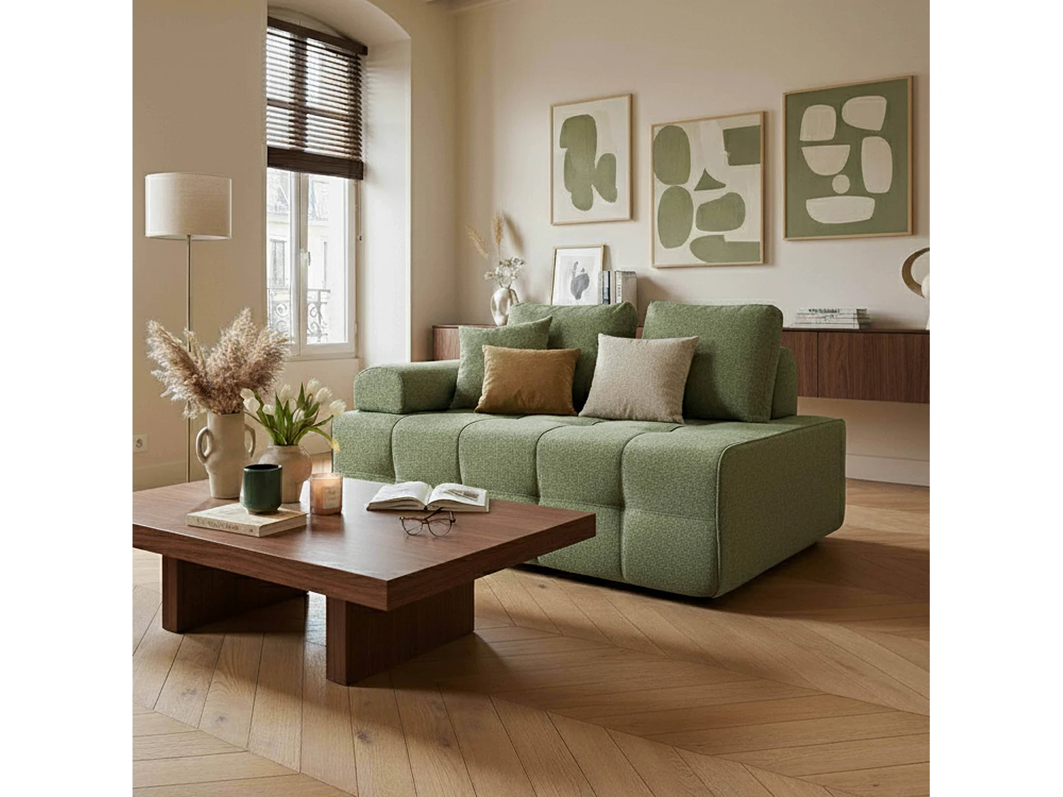 Rechterfauteuil bij modulaire stoffen bank met groene  L 140 cm