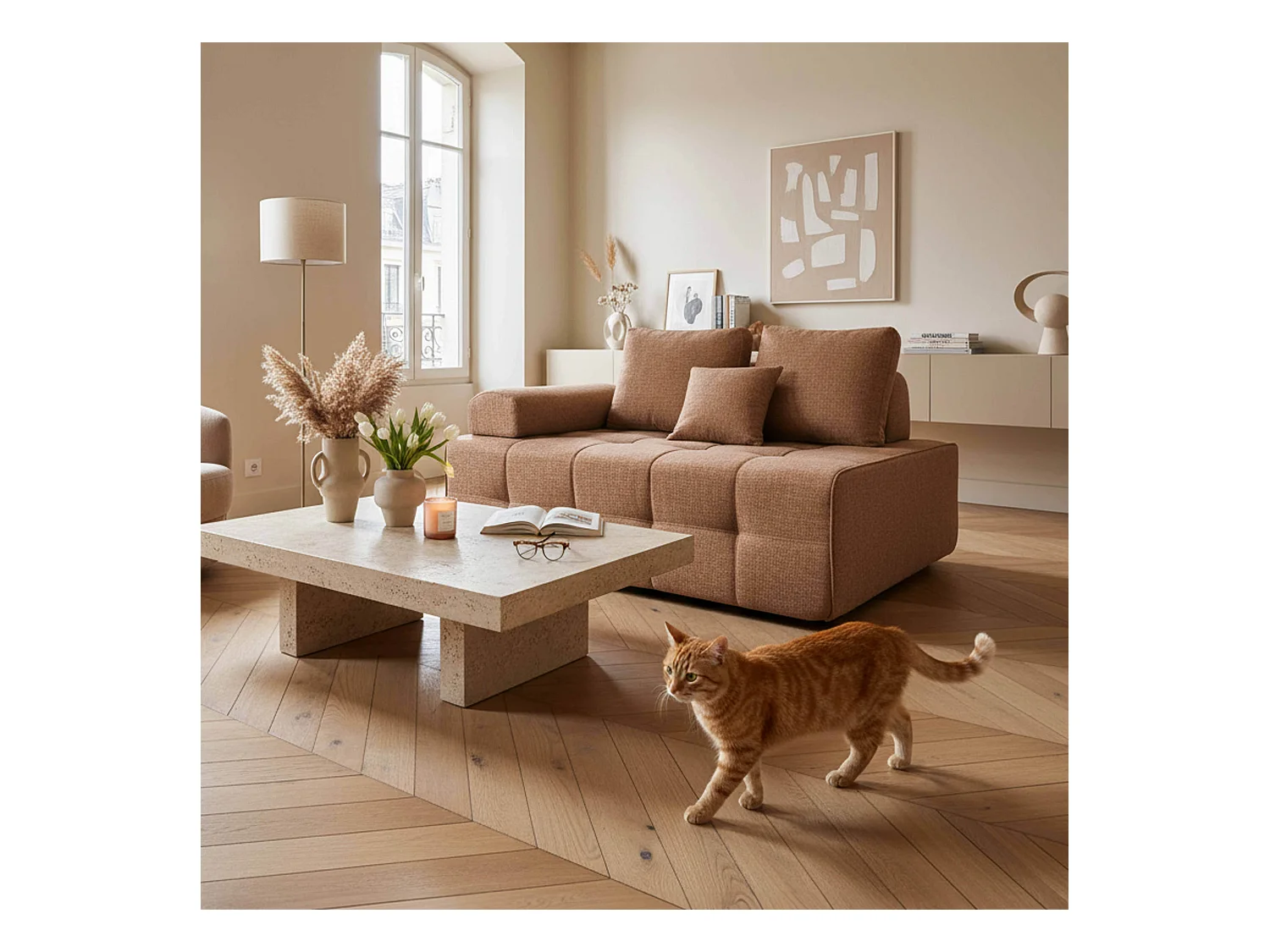 Fauteuil droit pour canapé modulable en tissu avec coussins terracotta