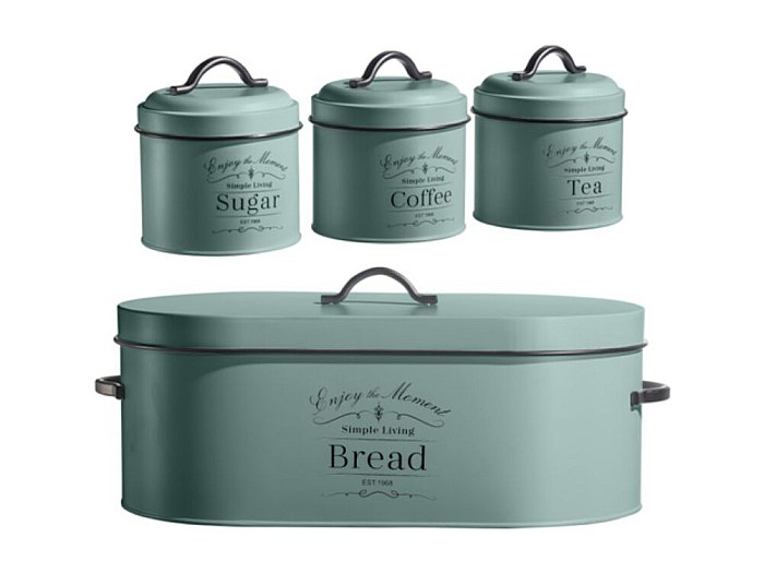 4 Pièces Vert Sauge Boîte à Pain Herzberg HG04425 - Set - Rangement Vintage Pour Cuisine Métal Galvanisé Design Rétro