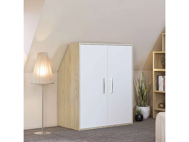 Meuble de rangement sous pente TALESA 2 portes blanc et chêne H.110 x l.91 x P.50 cm