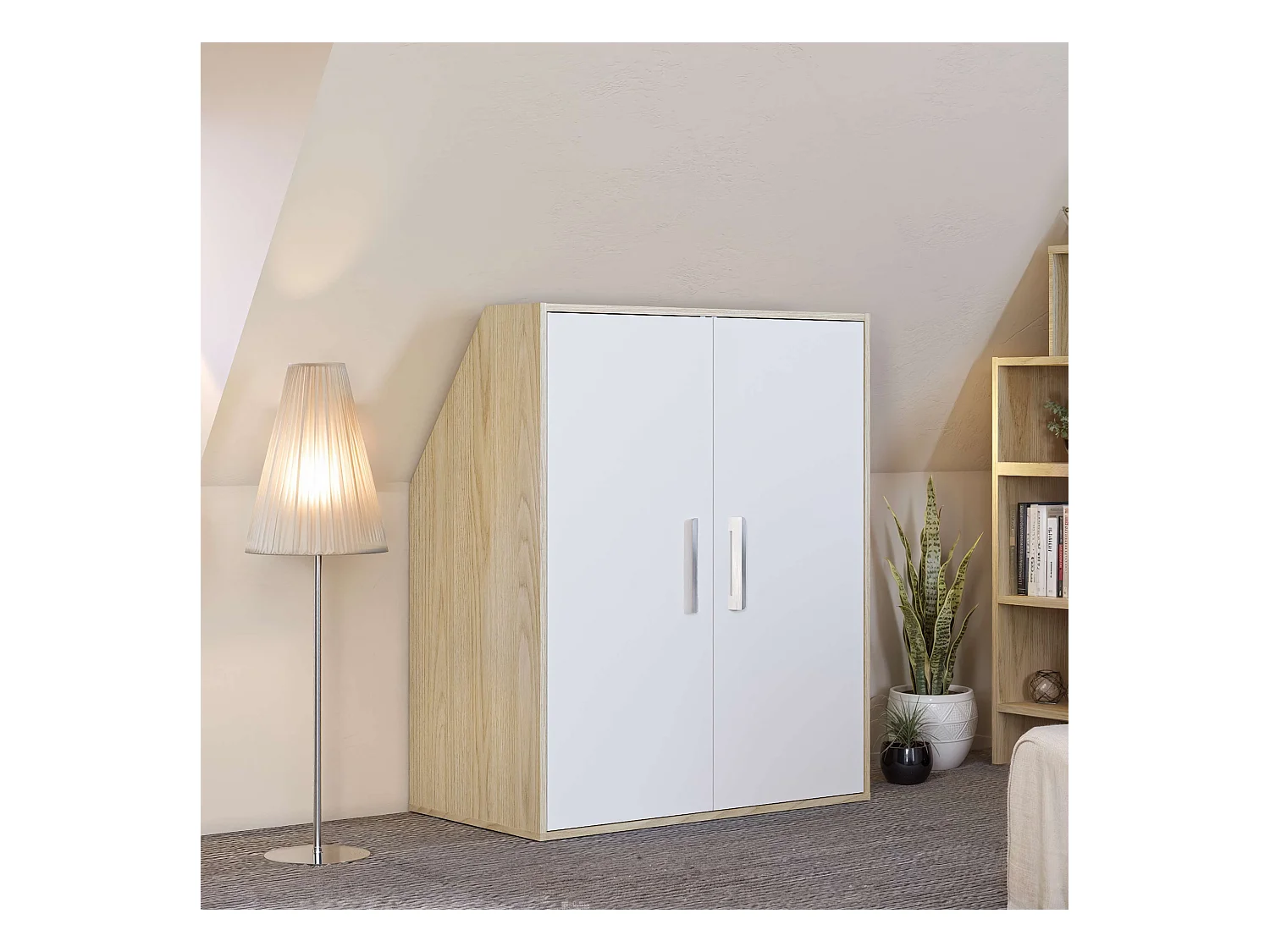 Meuble de rangement sous pente TALESA 2 portes blanc et chêne H.110 x l.91 x P.50 cm