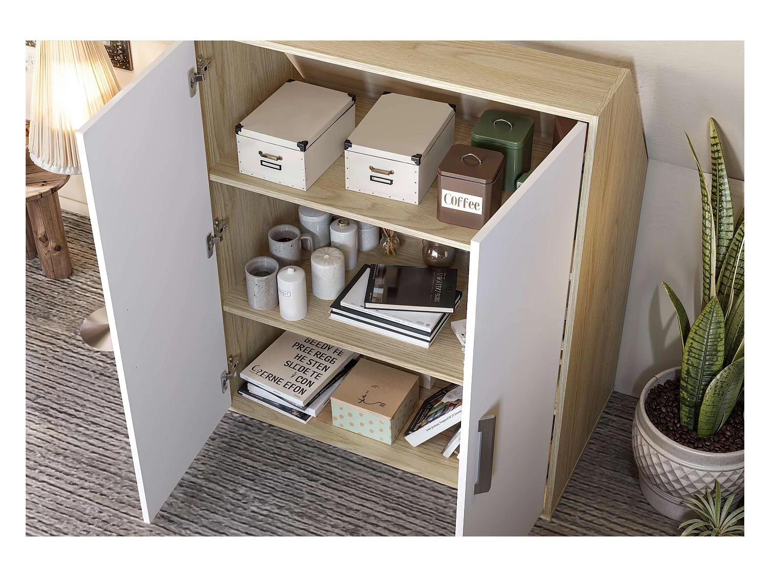 Meuble de rangement sous pente TALESA 2 portes blanc et chêne H.110 x l.91 x P.50 cm