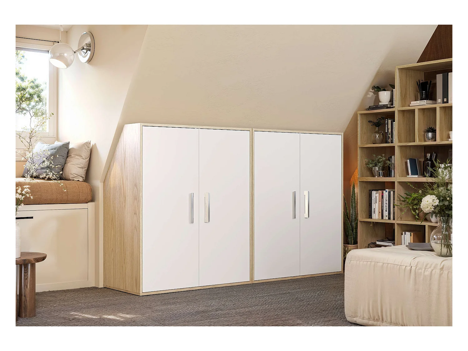 Meuble de rangement sous pente TALESA 2 portes blanc et chêne H.110 x l.91 x P.50 cm