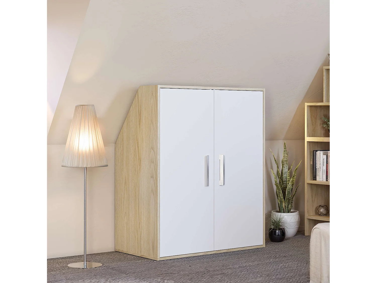 Meuble de rangement sous pente TALESA 2 portes blanc et chêne H.110 x l.91 x P.50 cm