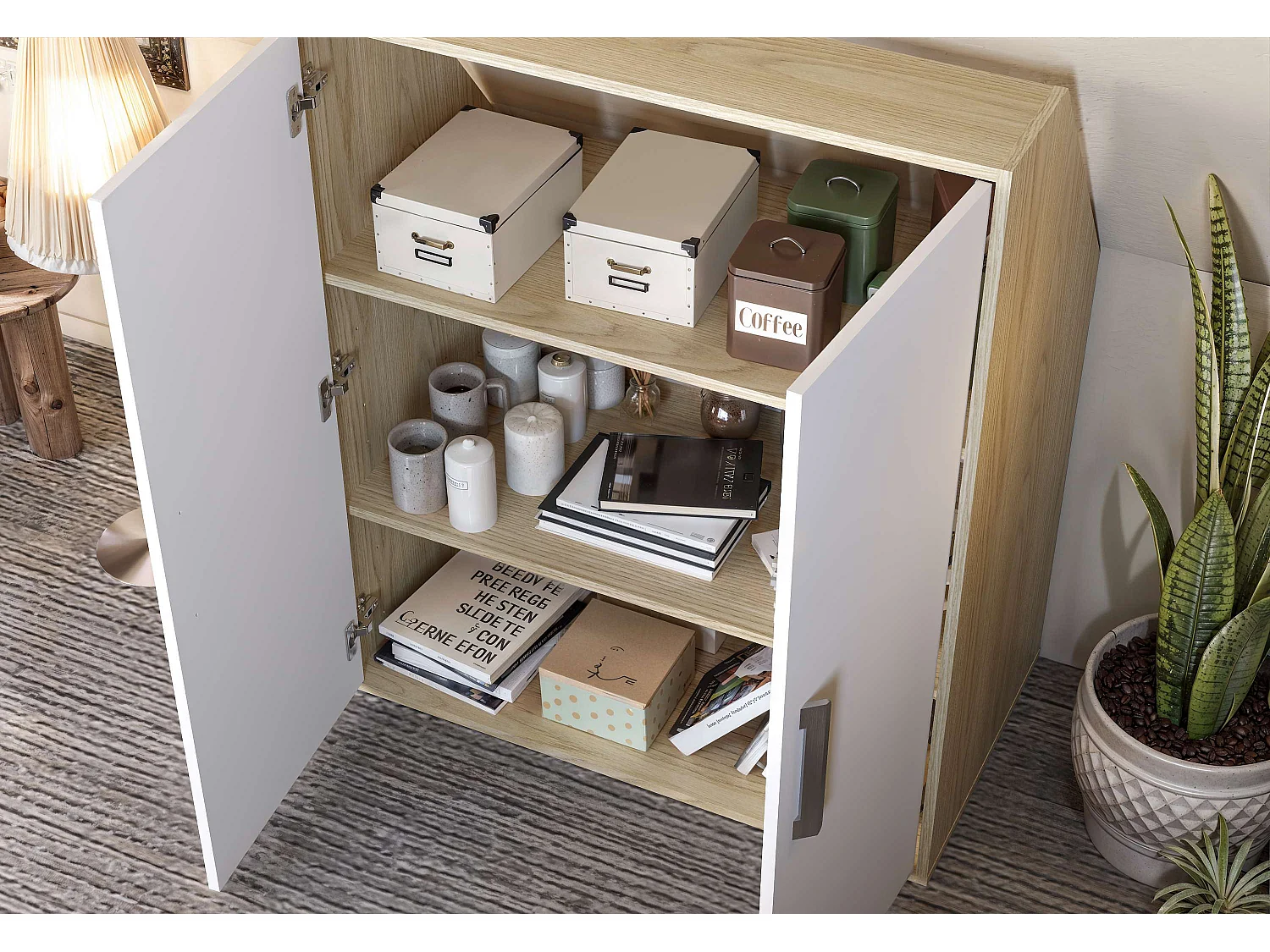 Meuble de rangement sous pente TALESA 2 portes blanc et chêne H.110 x l.91 x P.50 cm