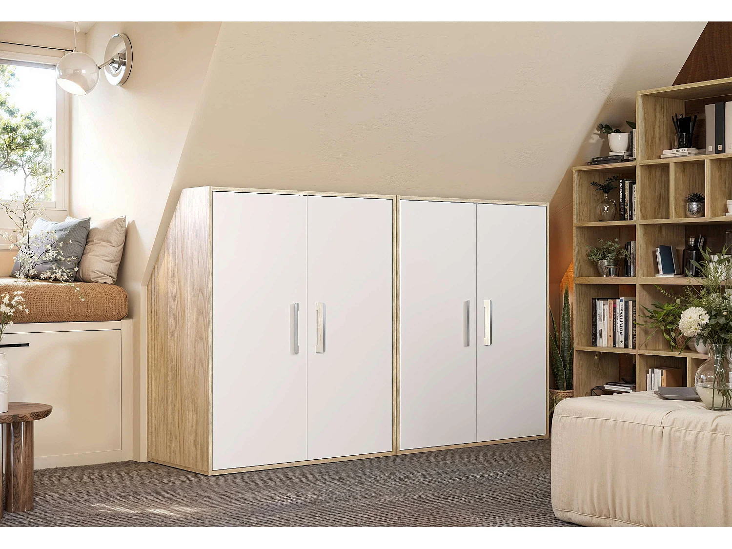 Meuble de rangement sous pente TALESA 2 portes blanc et chêne H.110 x l.91 x P.50 cm