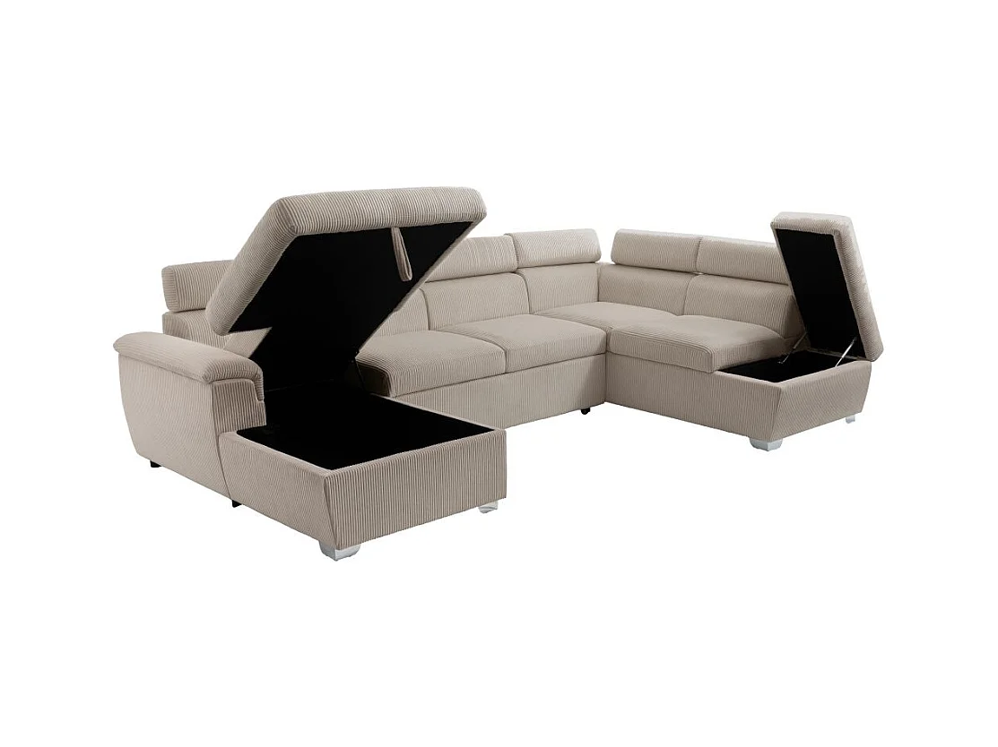 Canapé panoramique PAOLA 6 places convertible avec 2 coffres en velours côtelé taupe