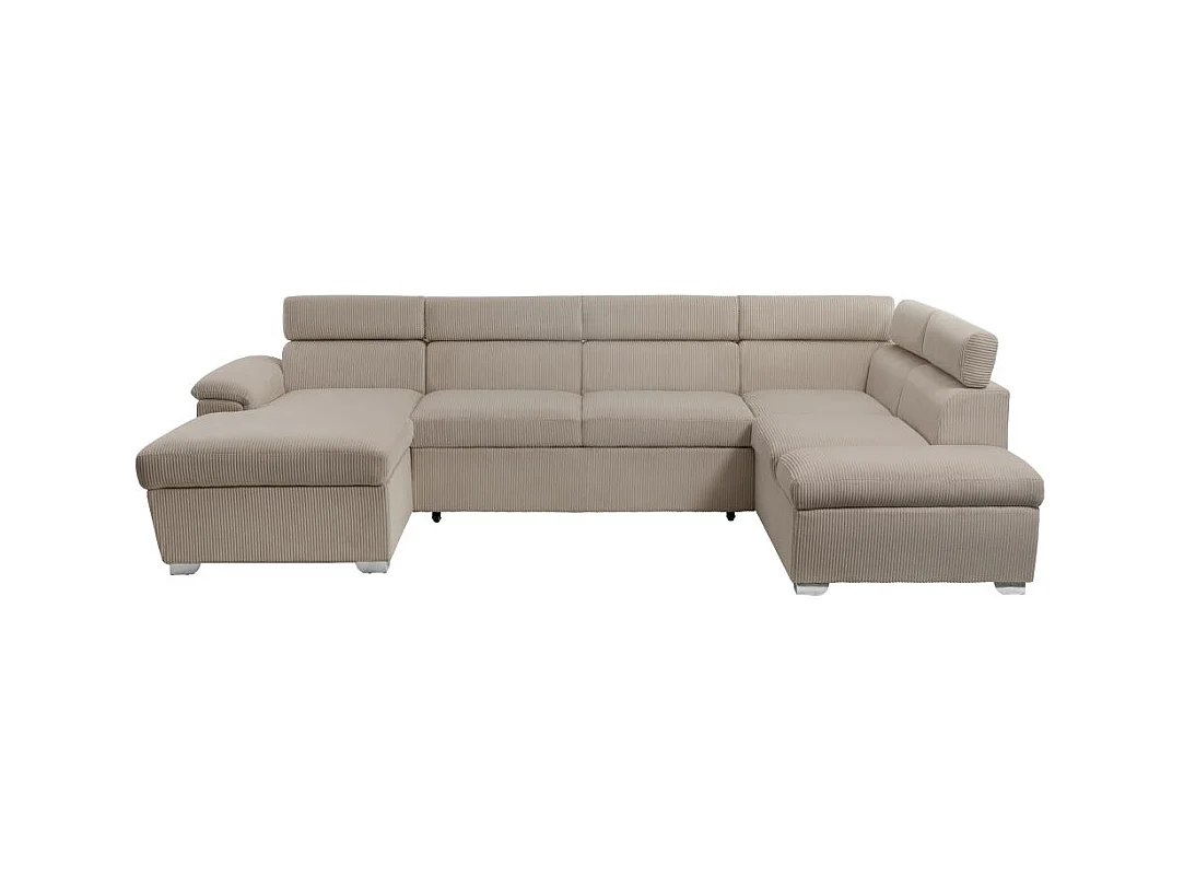 Canapé panoramique PAOLA 6 places convertible avec 2 coffres en velours côtelé taupe