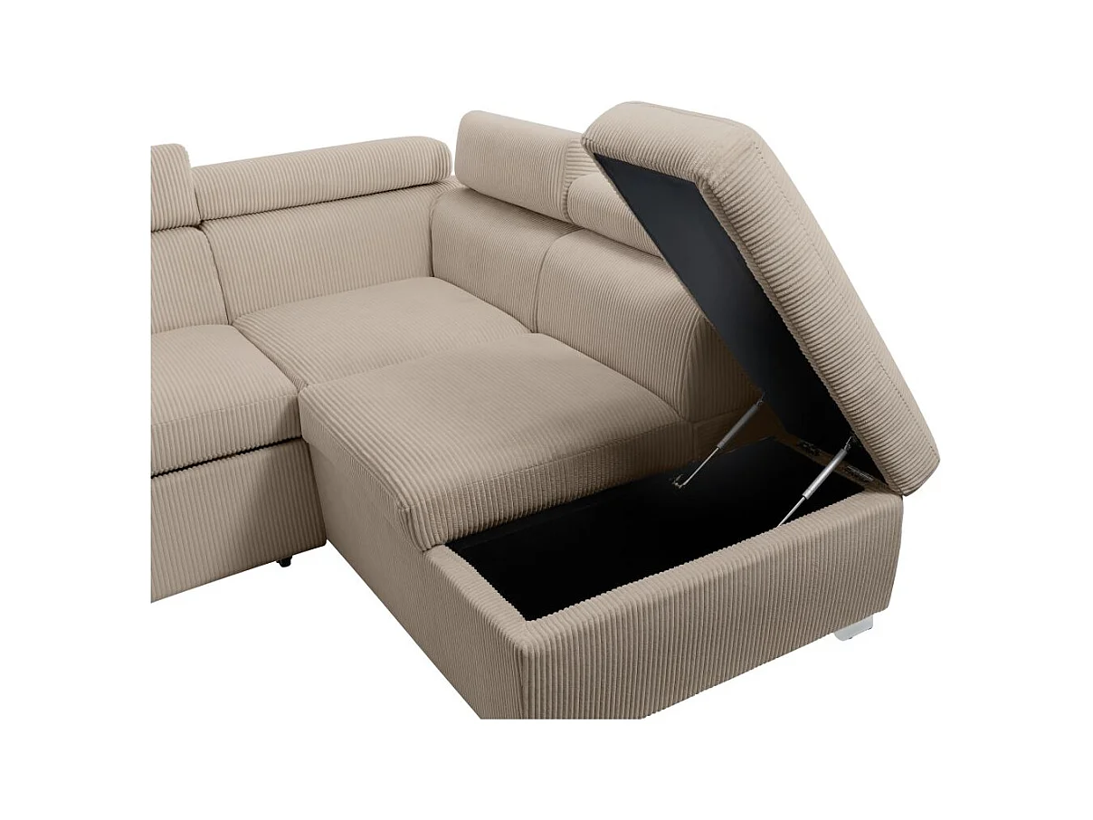 Canapé panoramique PAOLA 6 places convertible avec 2 coffres en velours côtelé taupe