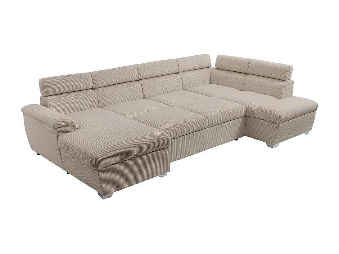 Canapé panoramique PAOLA 6 places convertible avec 2 coffres en velours côtelé taupe