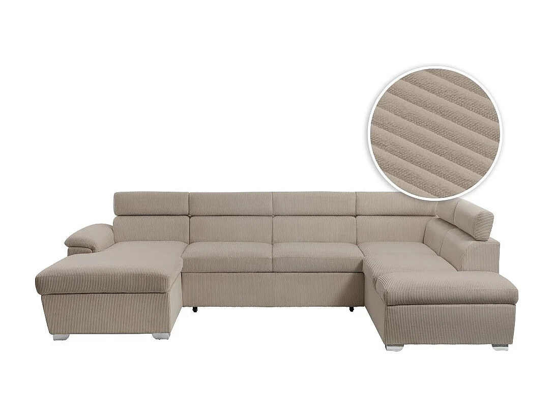 Canapé panoramique PAOLA 6 places convertible avec 2 coffres en velours côtelé taupe