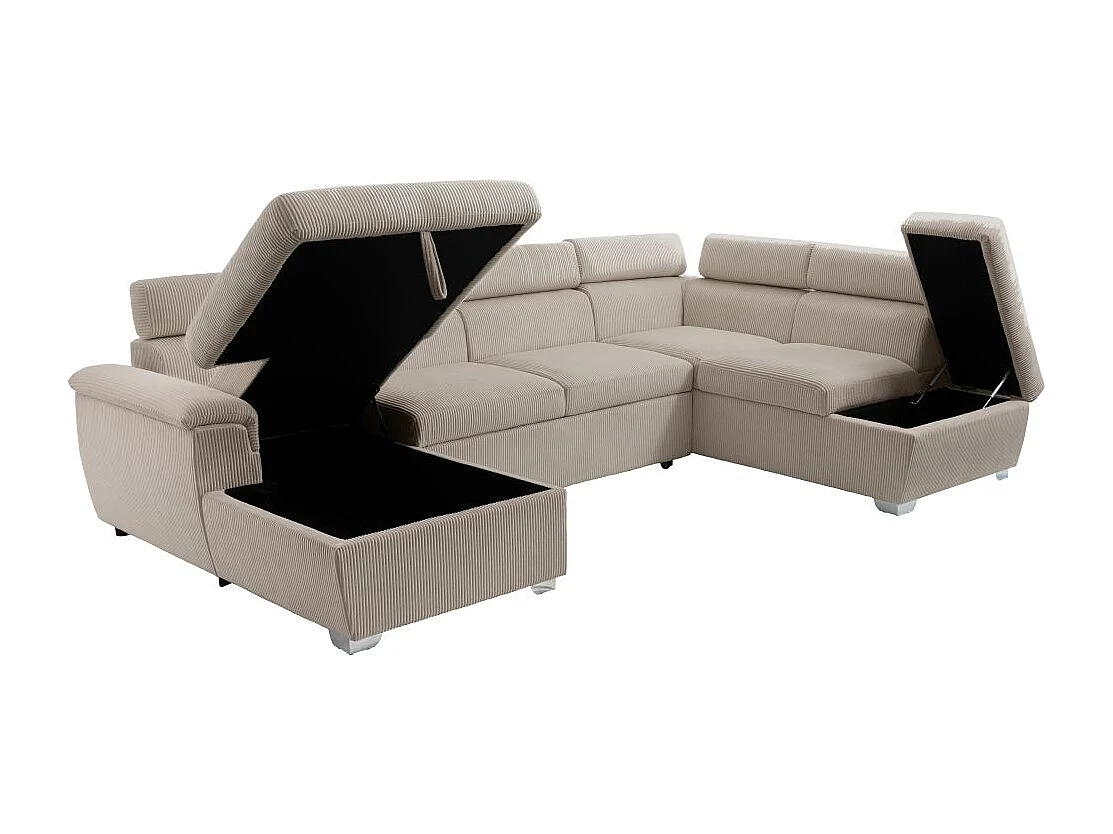 Canapé panoramique PAOLA 6 places convertible avec 2 coffres en velours côtelé taupe