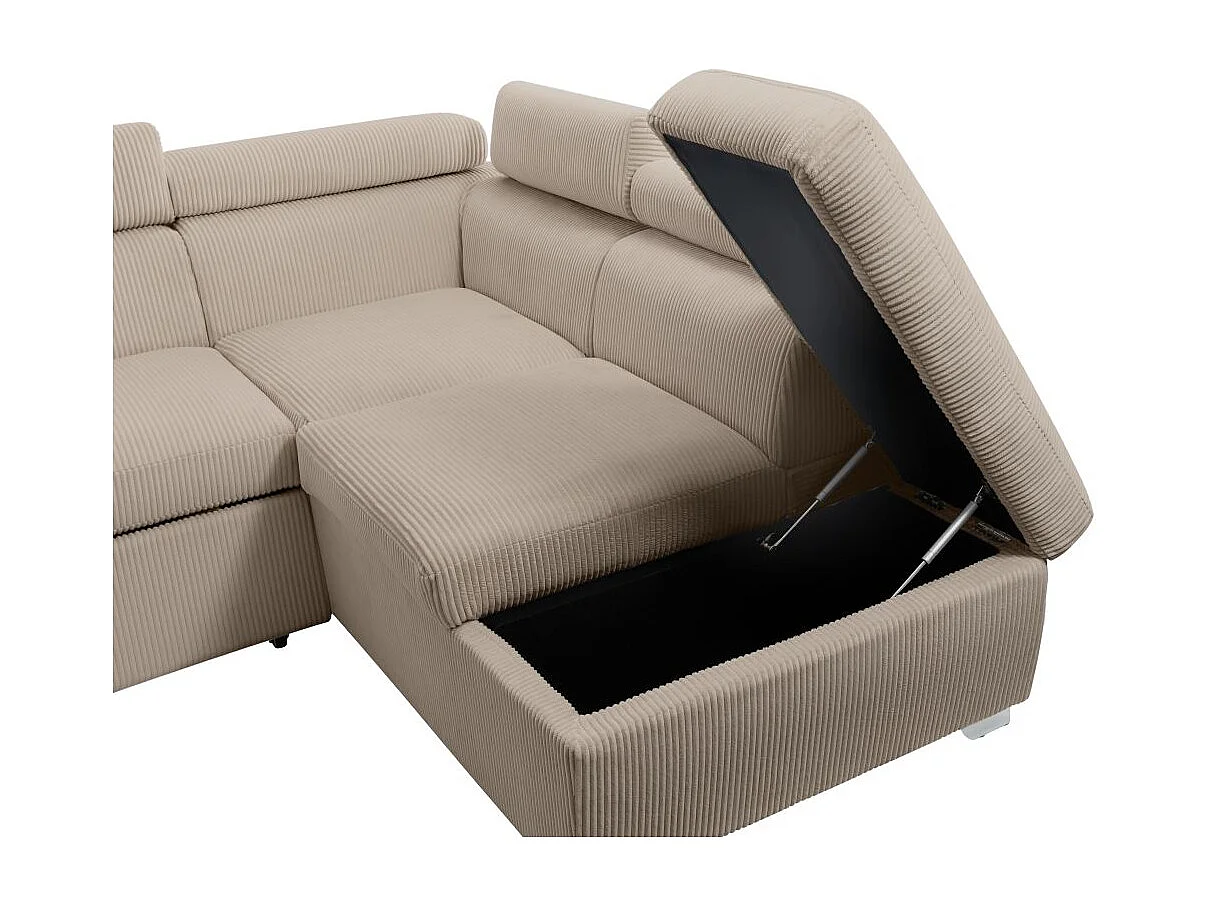 Canapé panoramique PAOLA 6 places convertible avec 2 coffres en velours côtelé taupe