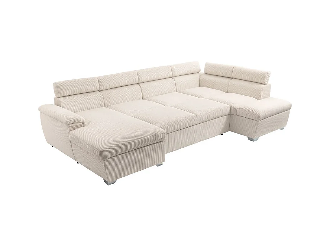 Canapé panoramique PAOLA 6 places convertible avec 2 coffres en velours côtelé beige