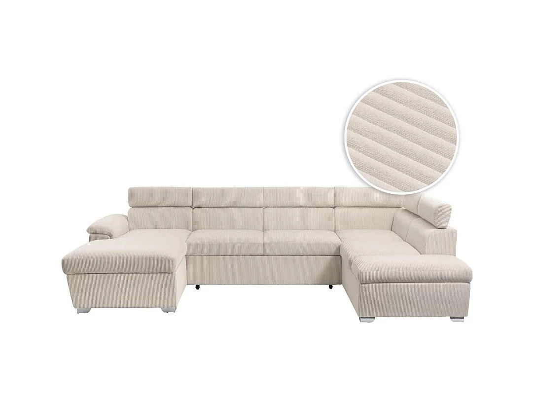 Canapé panoramique PAOLA 6 places convertible avec 2 coffres en velours côtelé beige