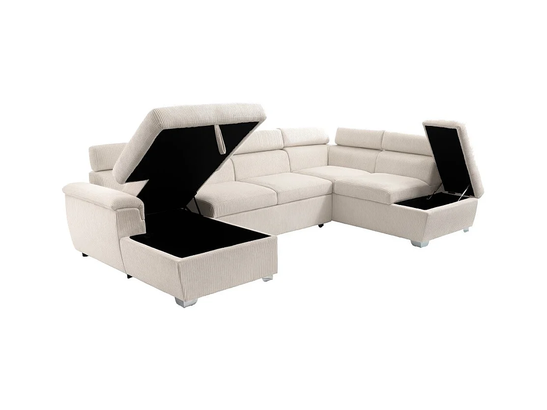 Canapé panoramique PAOLA 6 places convertible avec 2 coffres en velours côtelé beige