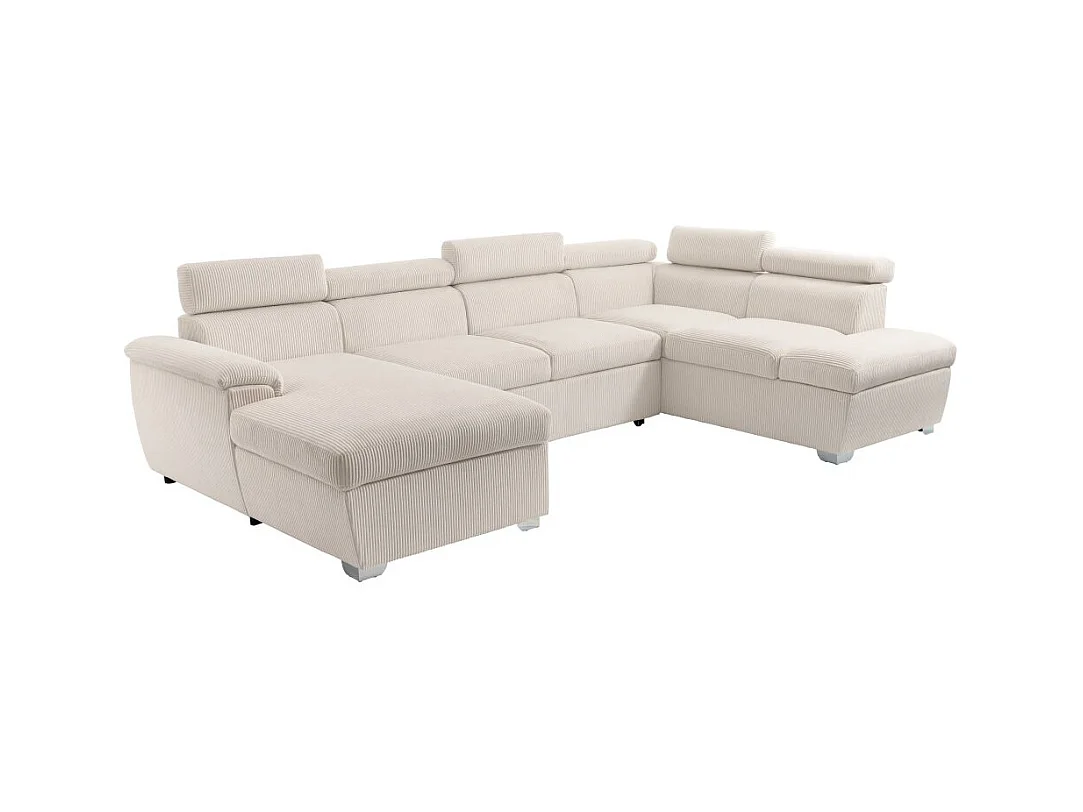Canapé panoramique PAOLA 6 places convertible avec 2 coffres en velours côtelé beige