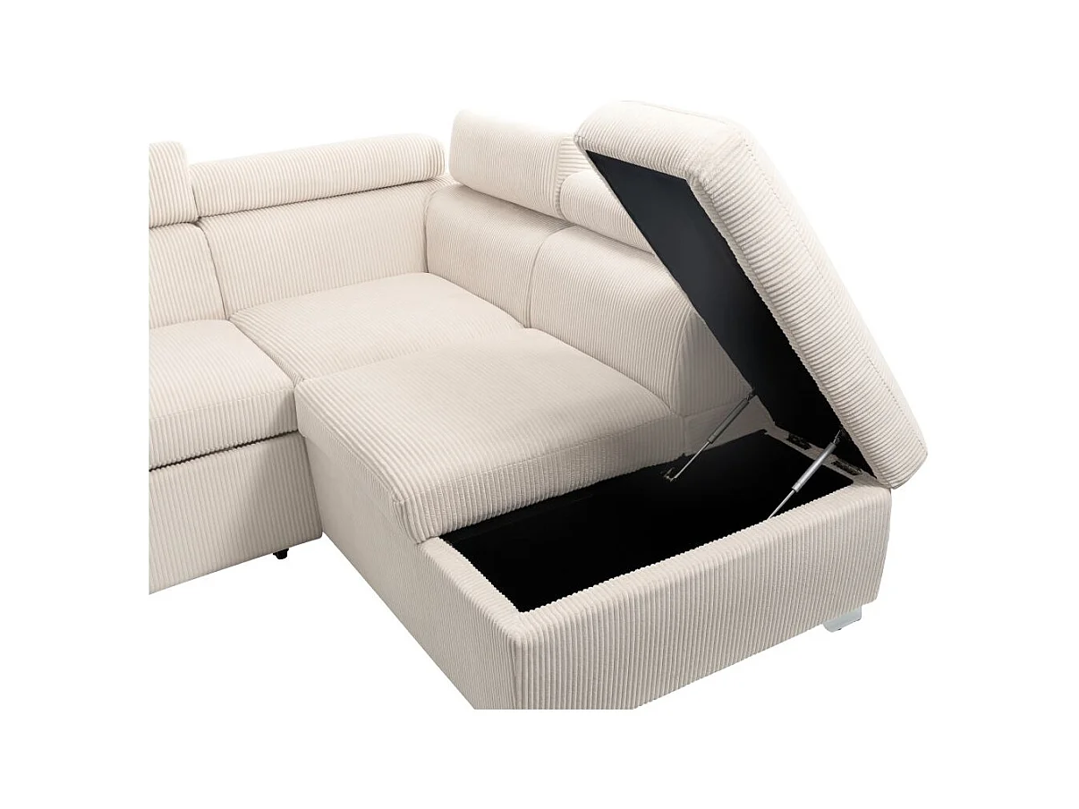 Canapé panoramique PAOLA 6 places convertible avec 2 coffres en velours côtelé beige